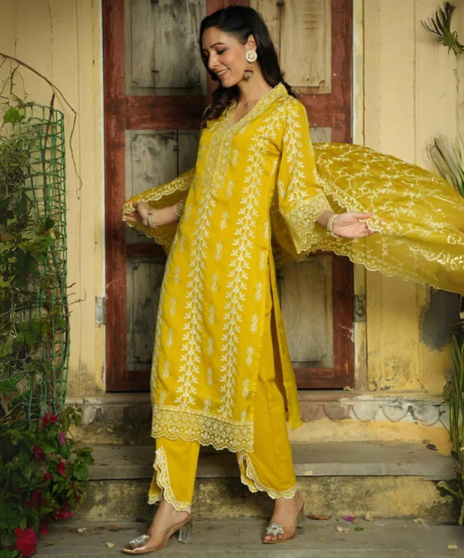 Mustard Straight Suit with Pants in Organza Fabric