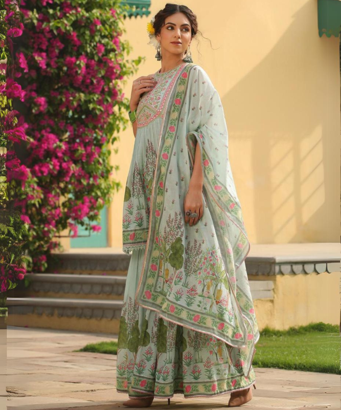 Floral Blue Suit with Sharara in Mul Cotton with Handwork