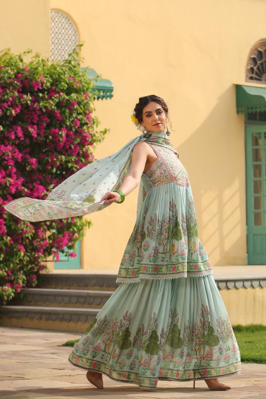 Floral Blue Suit with Sharara in Mul Cotton with Handwork