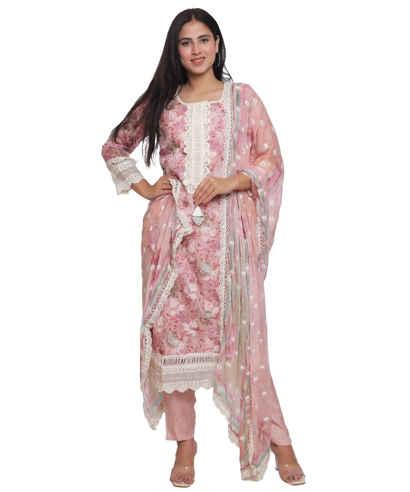 Pink Floral Straight Suit with Pants in Mulmul Cotton with Crochet