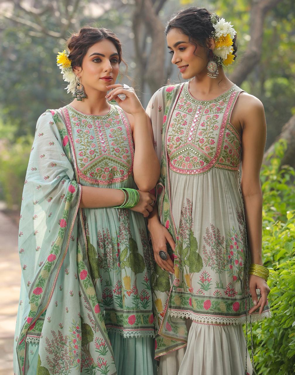 Floral Blue Suit with Sharara in Mul Cotton with Handwork