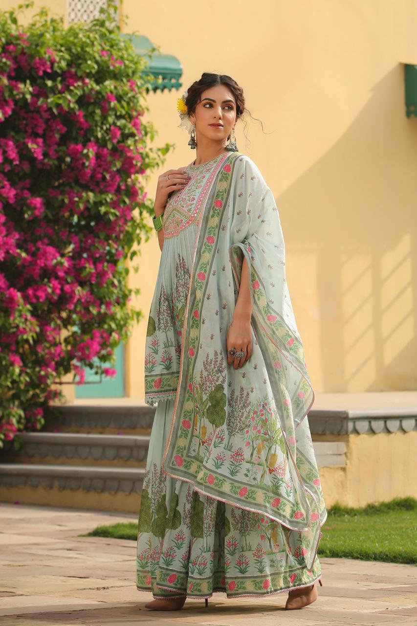 Floral Blue Suit with Sharara in Mul Cotton with Handwork