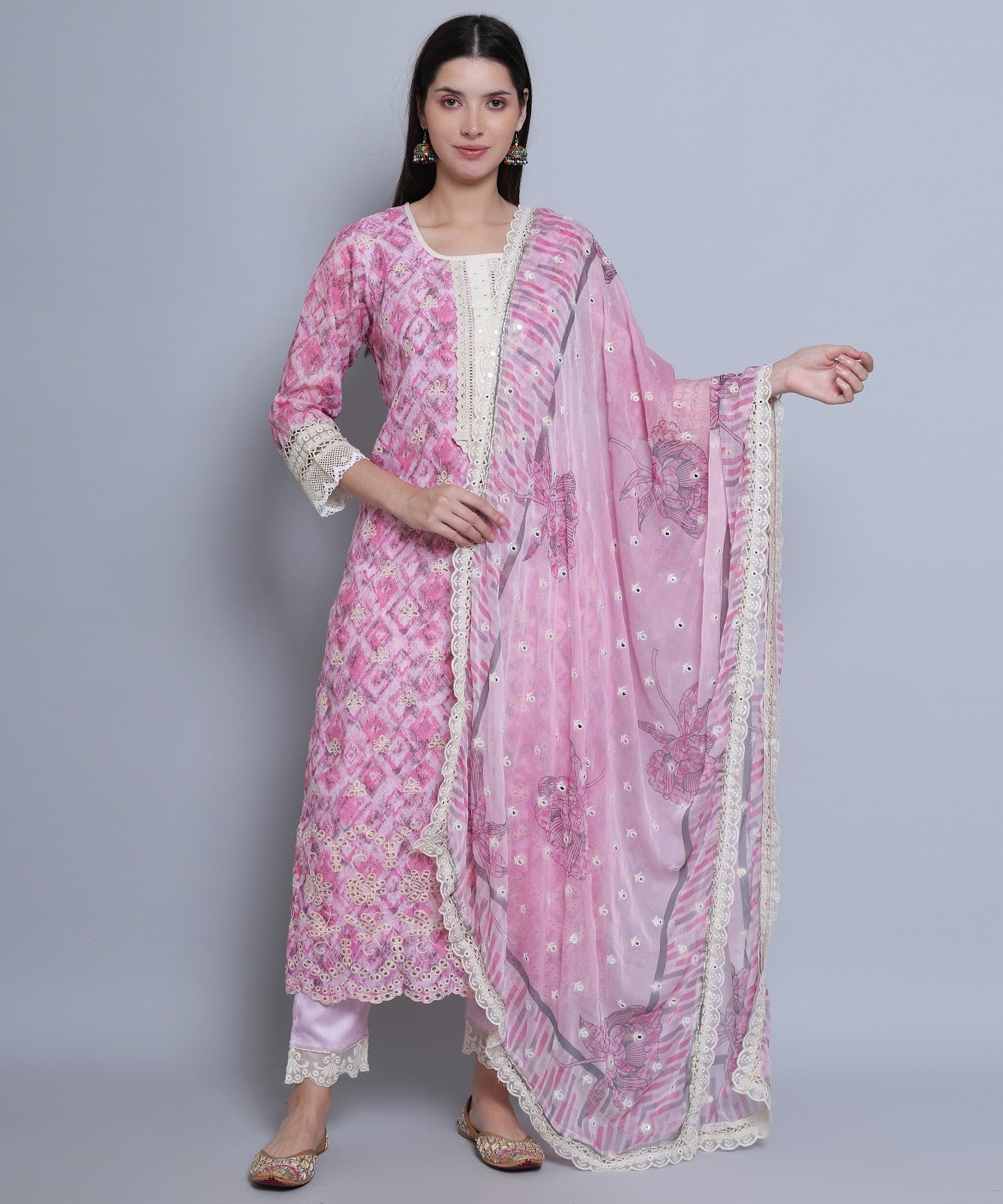 Pink Floral Straight Suit with Pants in Mulmul Cotton with Crochet