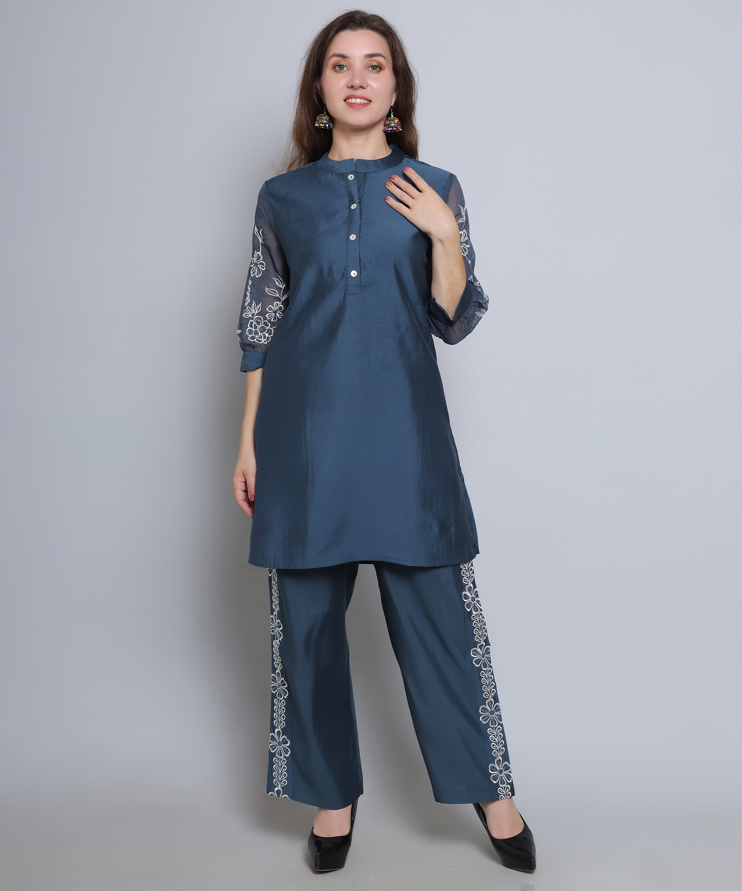 Blue Co ord Set in Cotton Silk fabric with Embroidery