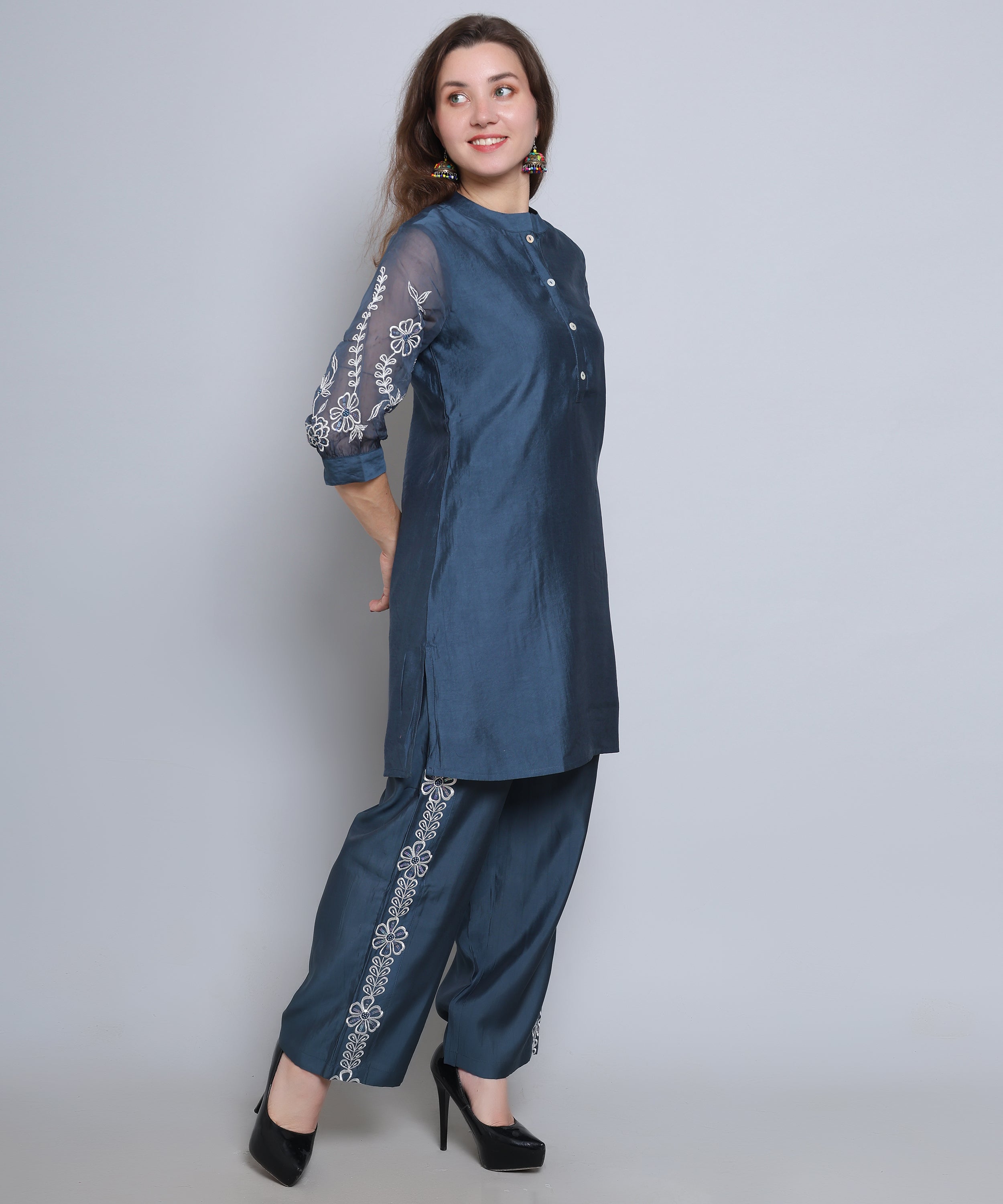 Blue Co ord Set in Cotton Silk fabric with Embroidery