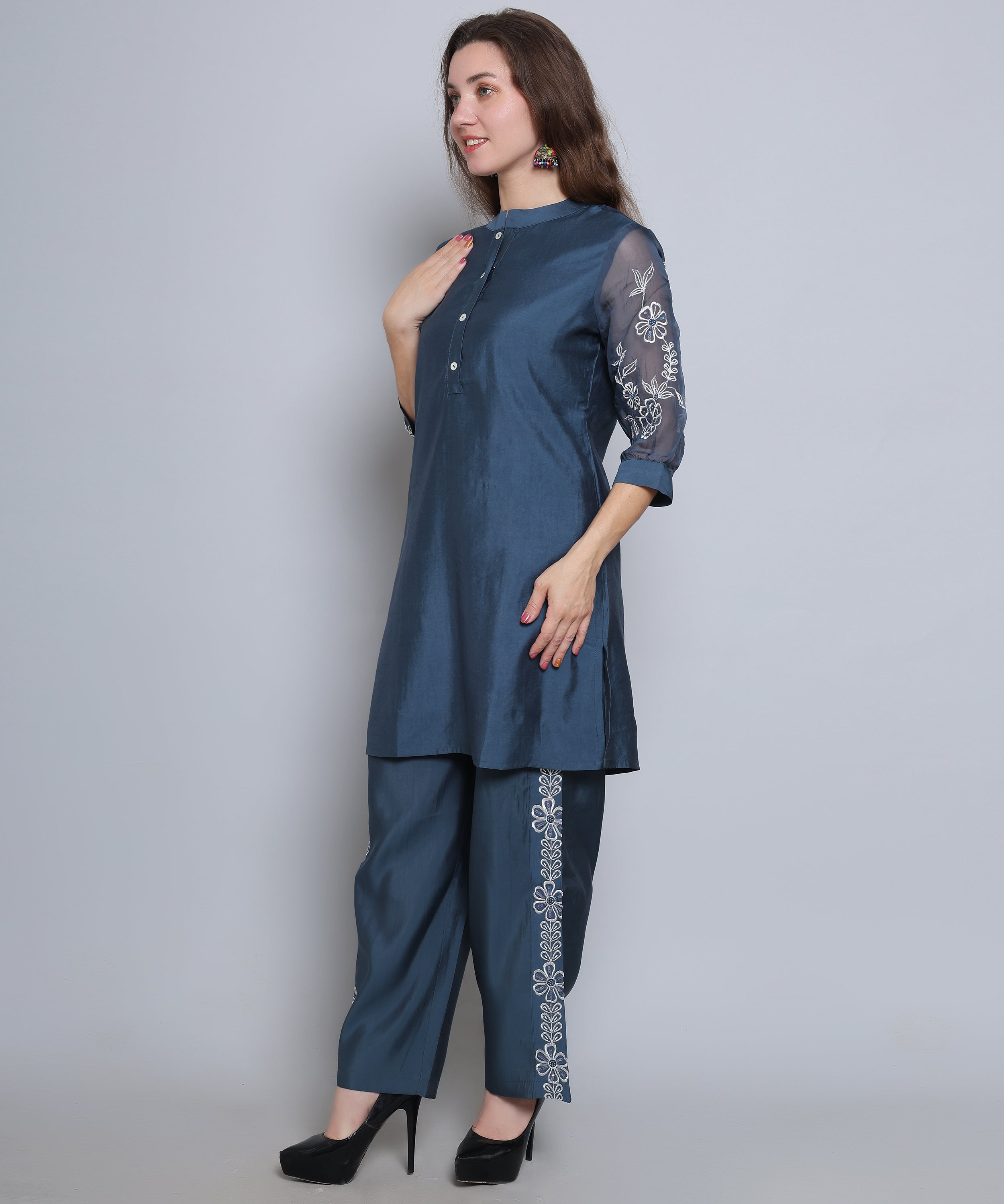 Blue Co ord Set in Cotton Silk fabric with Embroidery