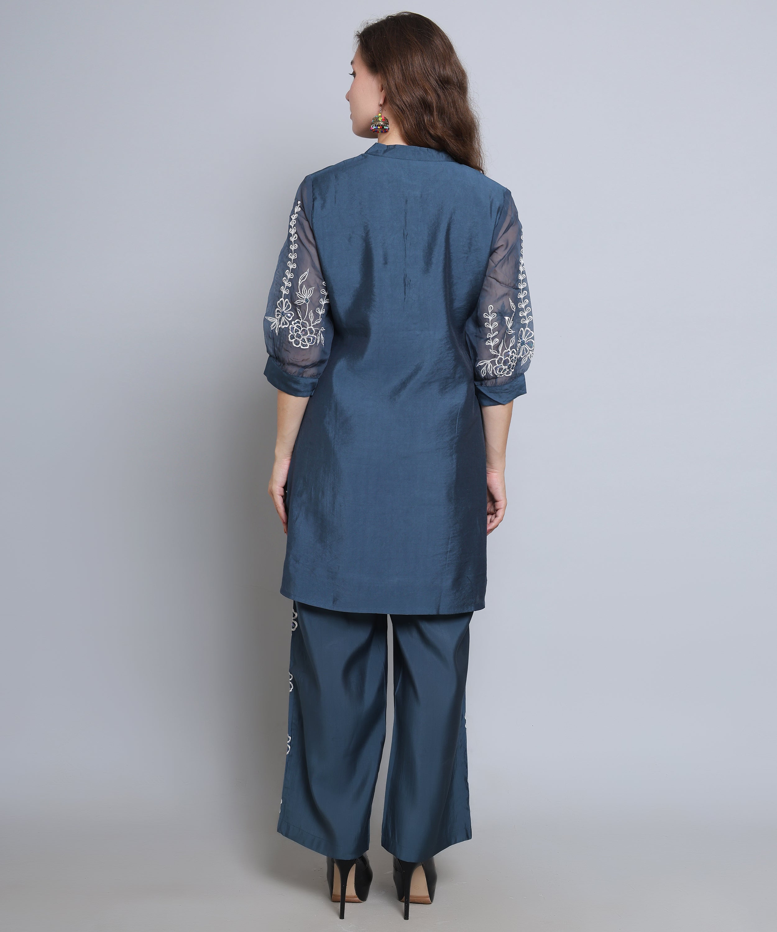 Blue Co ord Set in Cotton Silk fabric with Embroidery