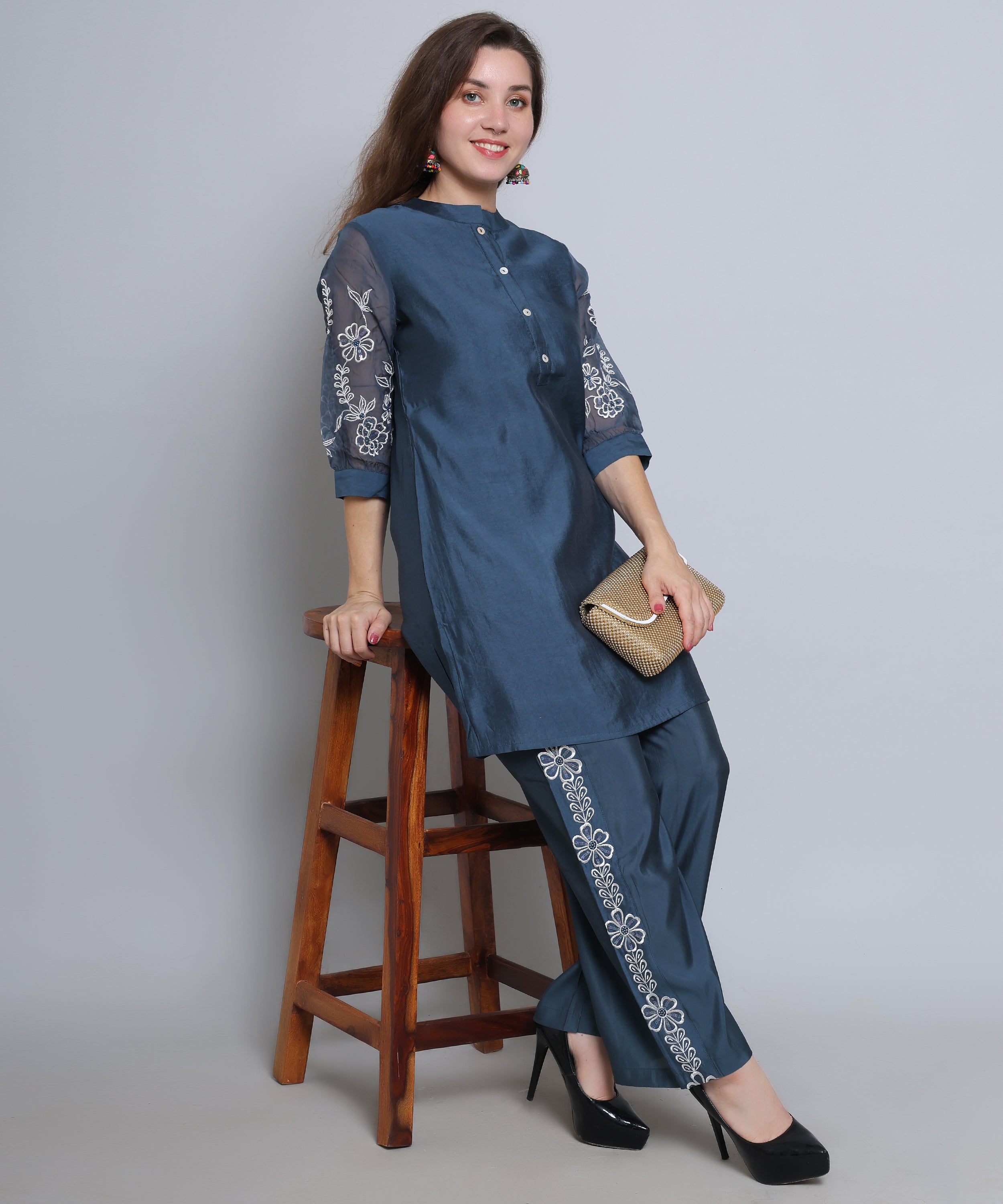 Blue Co ord Set in Cotton Silk fabric with Embroidery