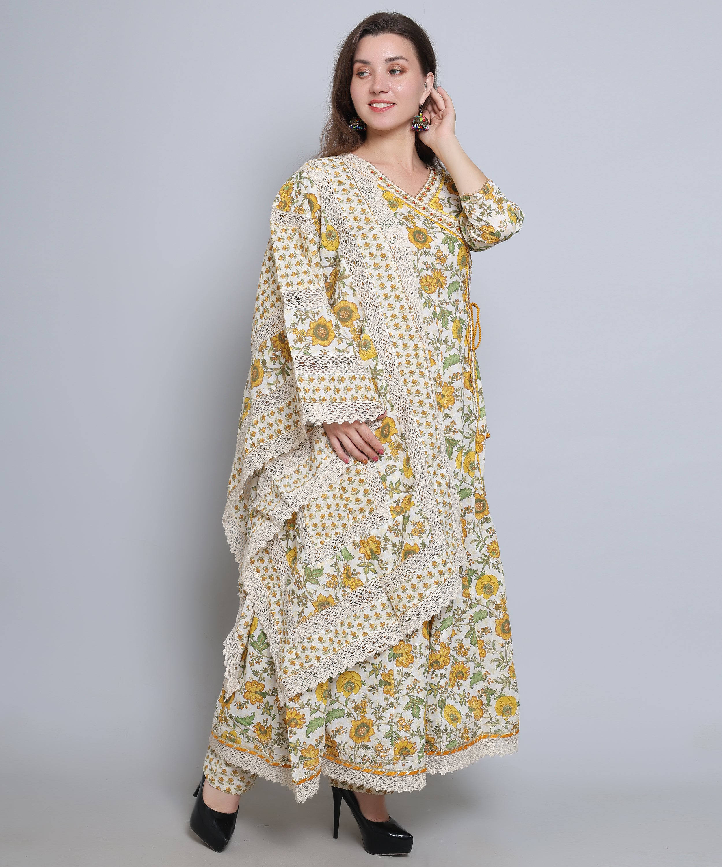 Yellow Green Floral Angrakha with Pants in Pure Cotton with Gota and Crochet.