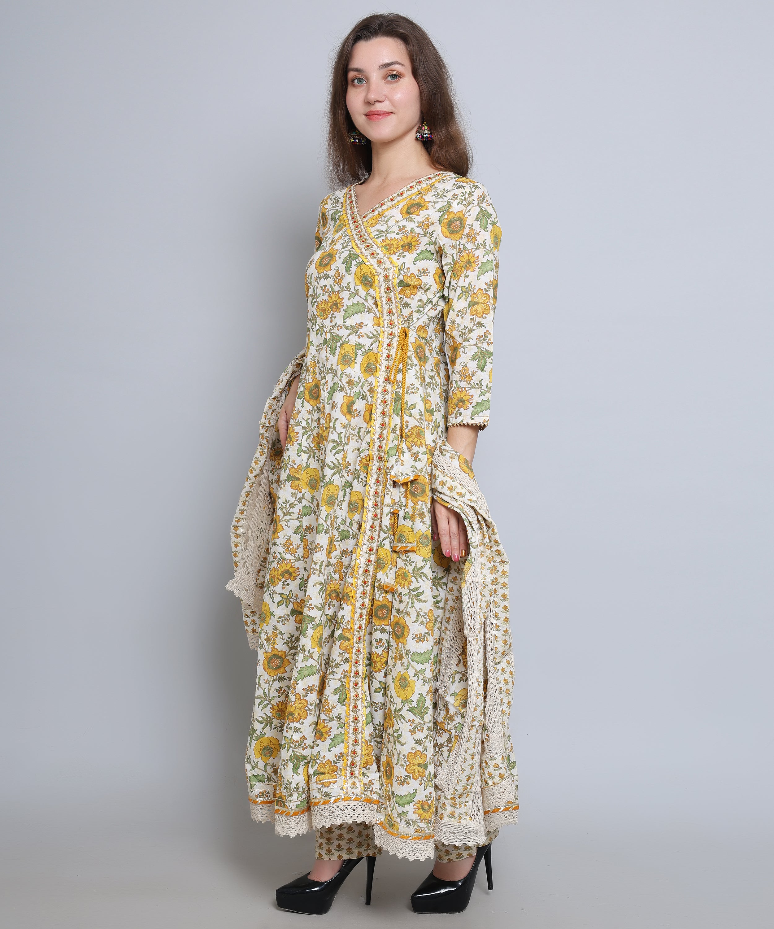 Yellow Green Floral Angrakha with Pants in Pure Cotton with Gota and Crochet.