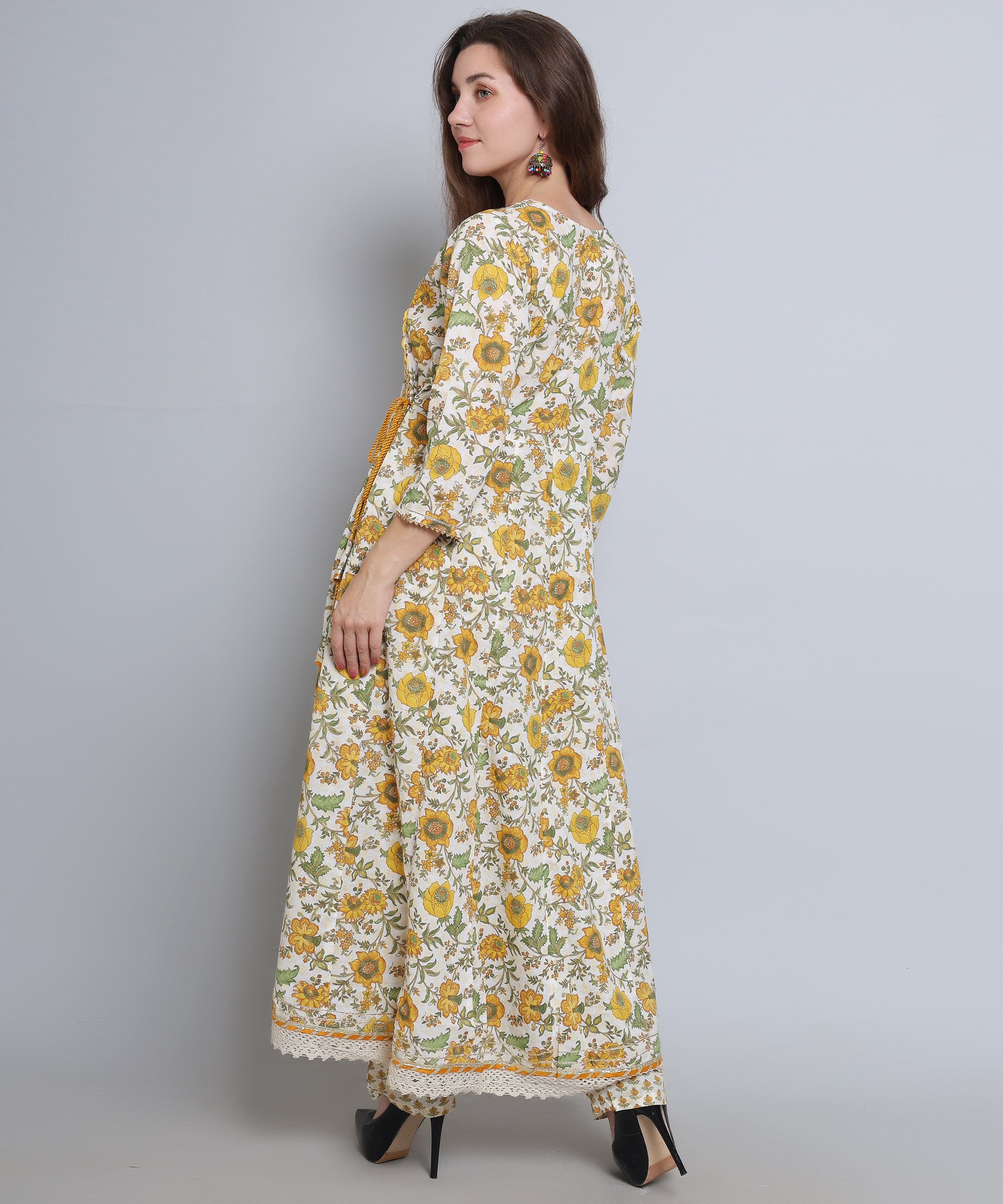 Yellow Green Floral Angrakha with Pants in Pure Cotton with Gota and Crochet.