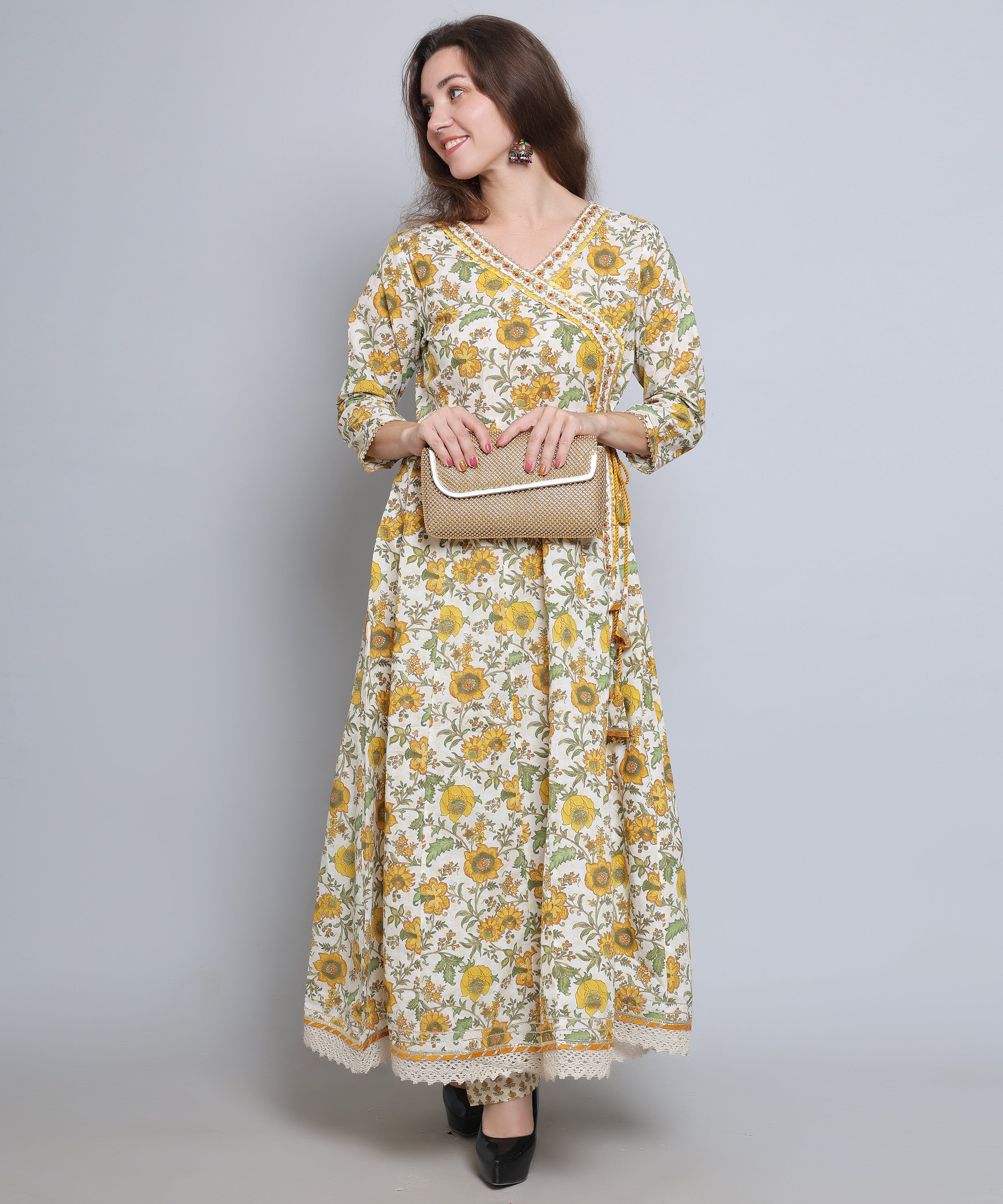 Yellow Green Floral Angrakha with Pants in Pure Cotton with Gota and Crochet.