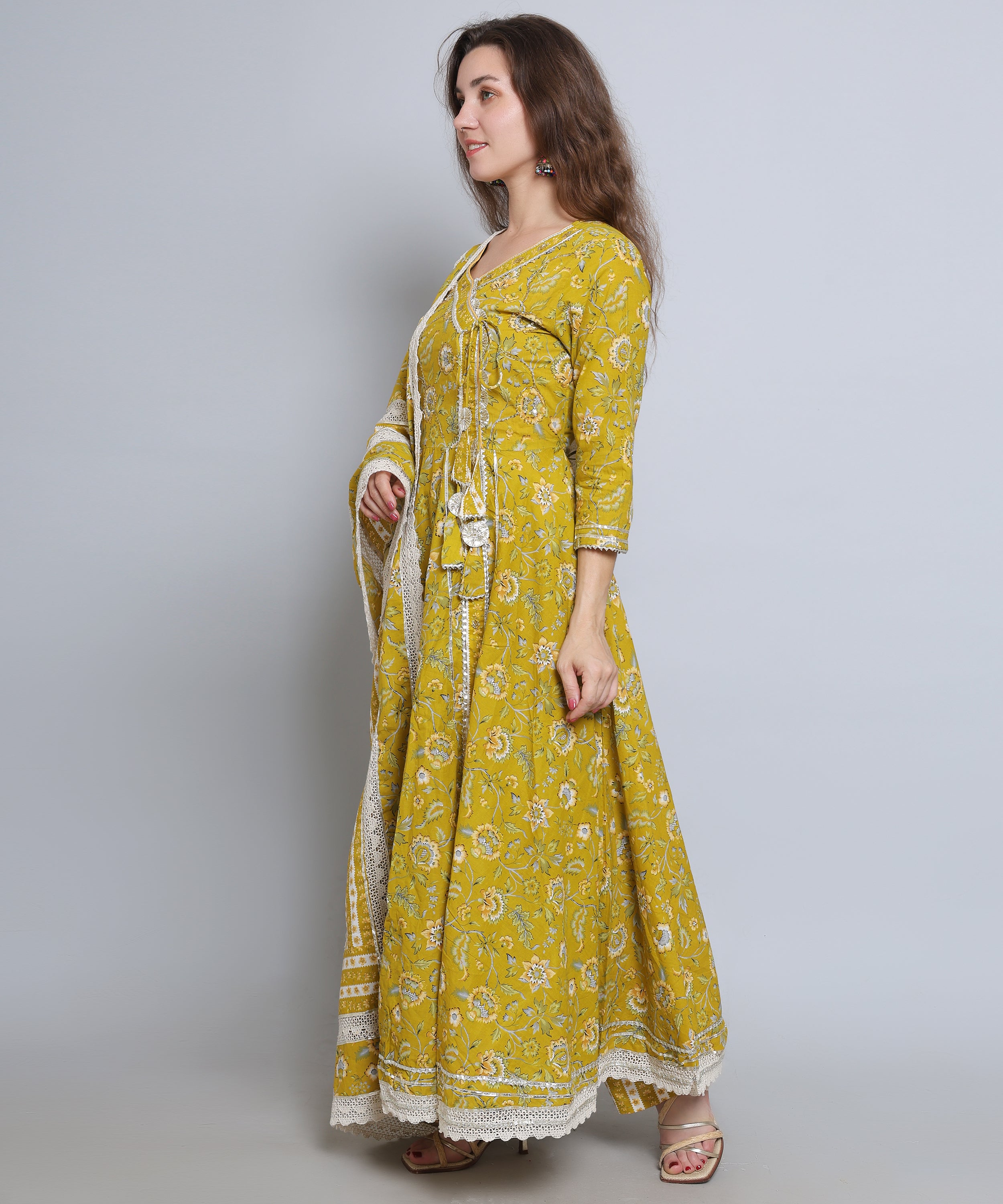 Green Floral Angrakha with Pants in Pure Cotton with Gota & Crochet.