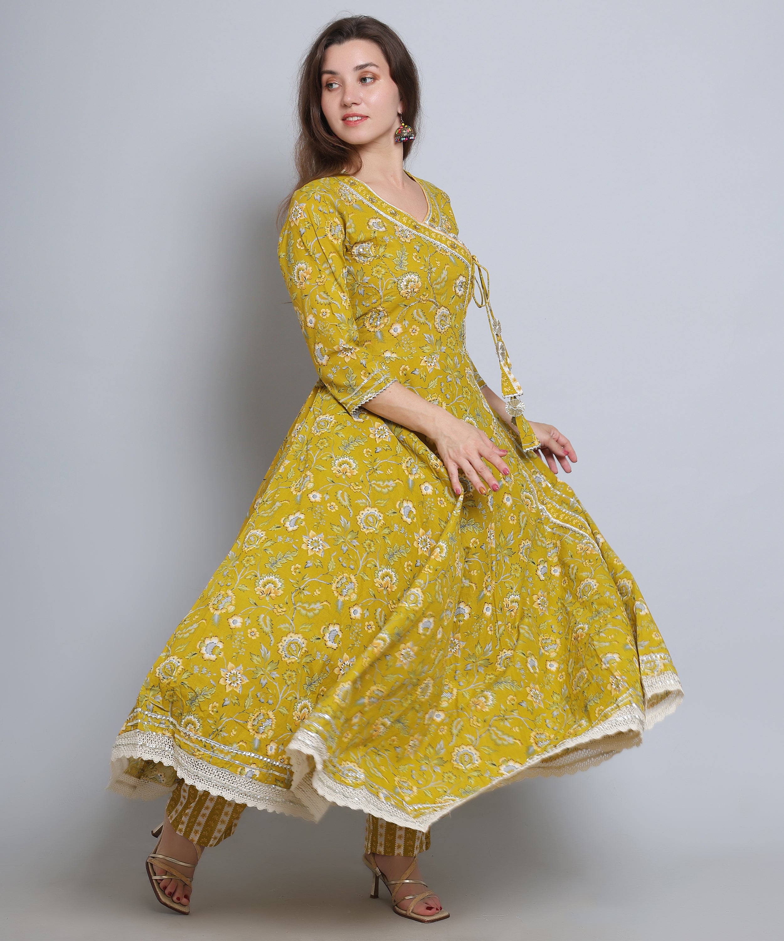 Green Floral Angrakha with Pants in Pure Cotton with Gota & Crochet.