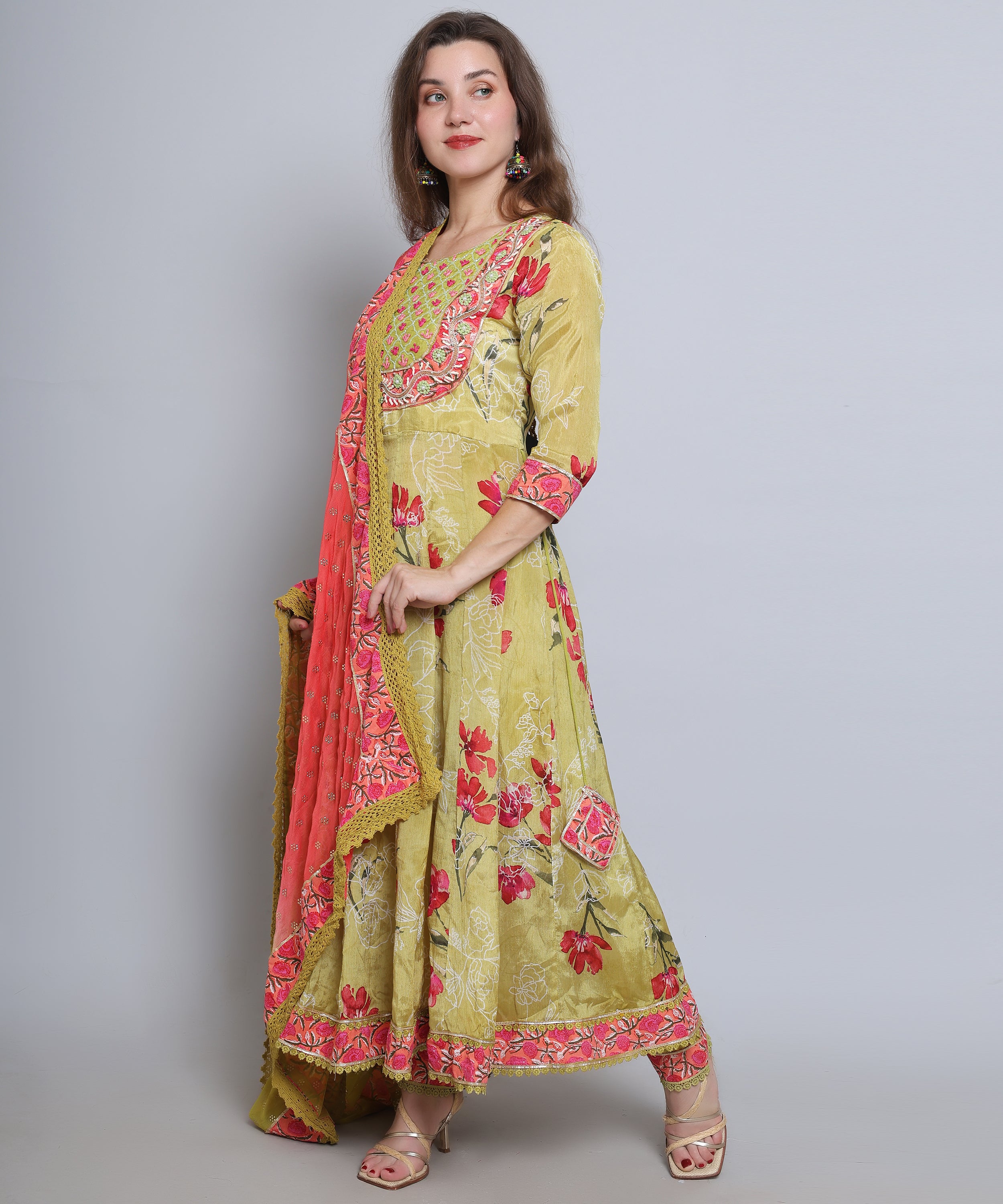 Green Anarkali with Pants in Chinon fabric with Embroidery