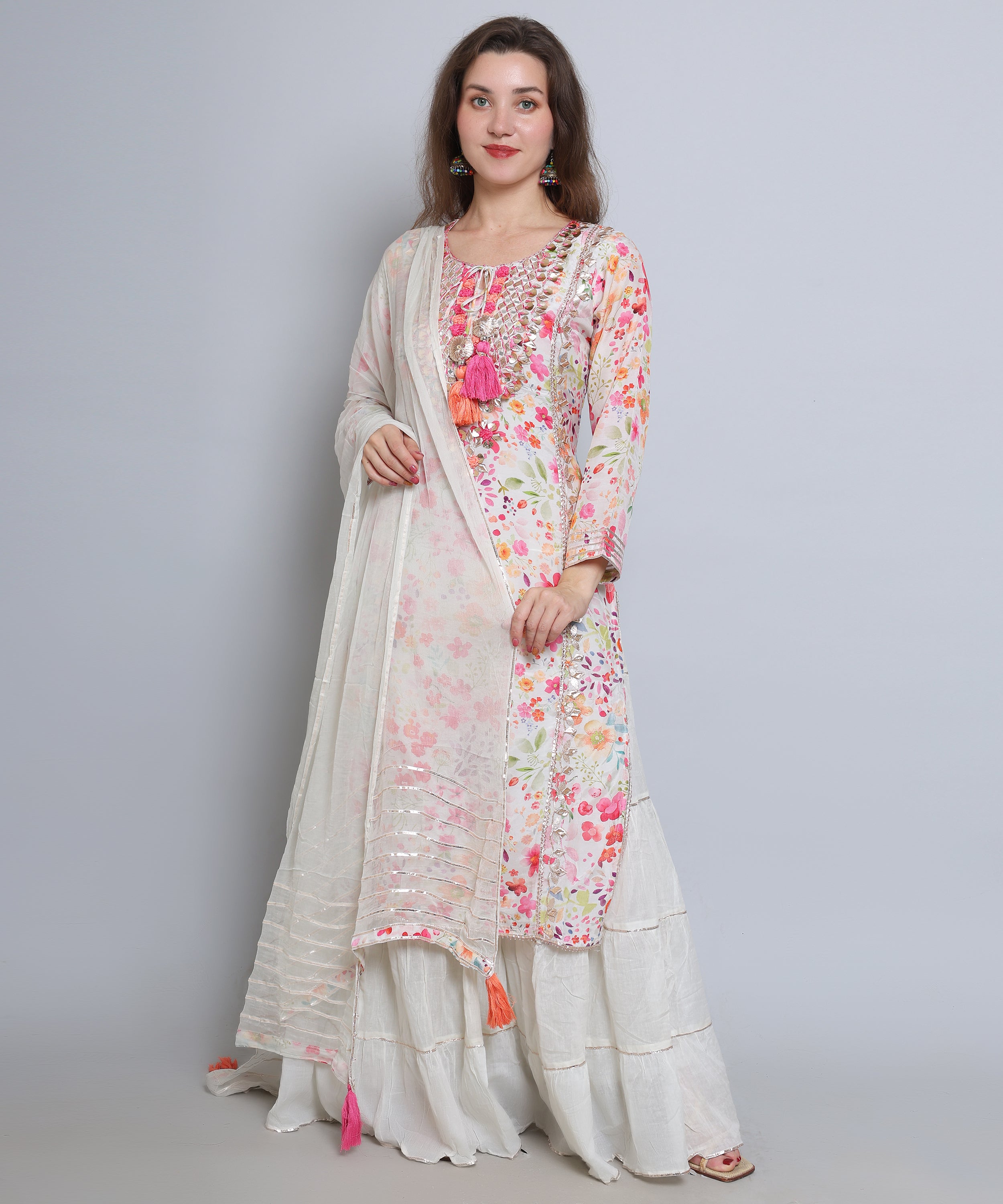 Off White Floral Sharara Suit in Muslin Mulmul fabric with French knots and GottaPati