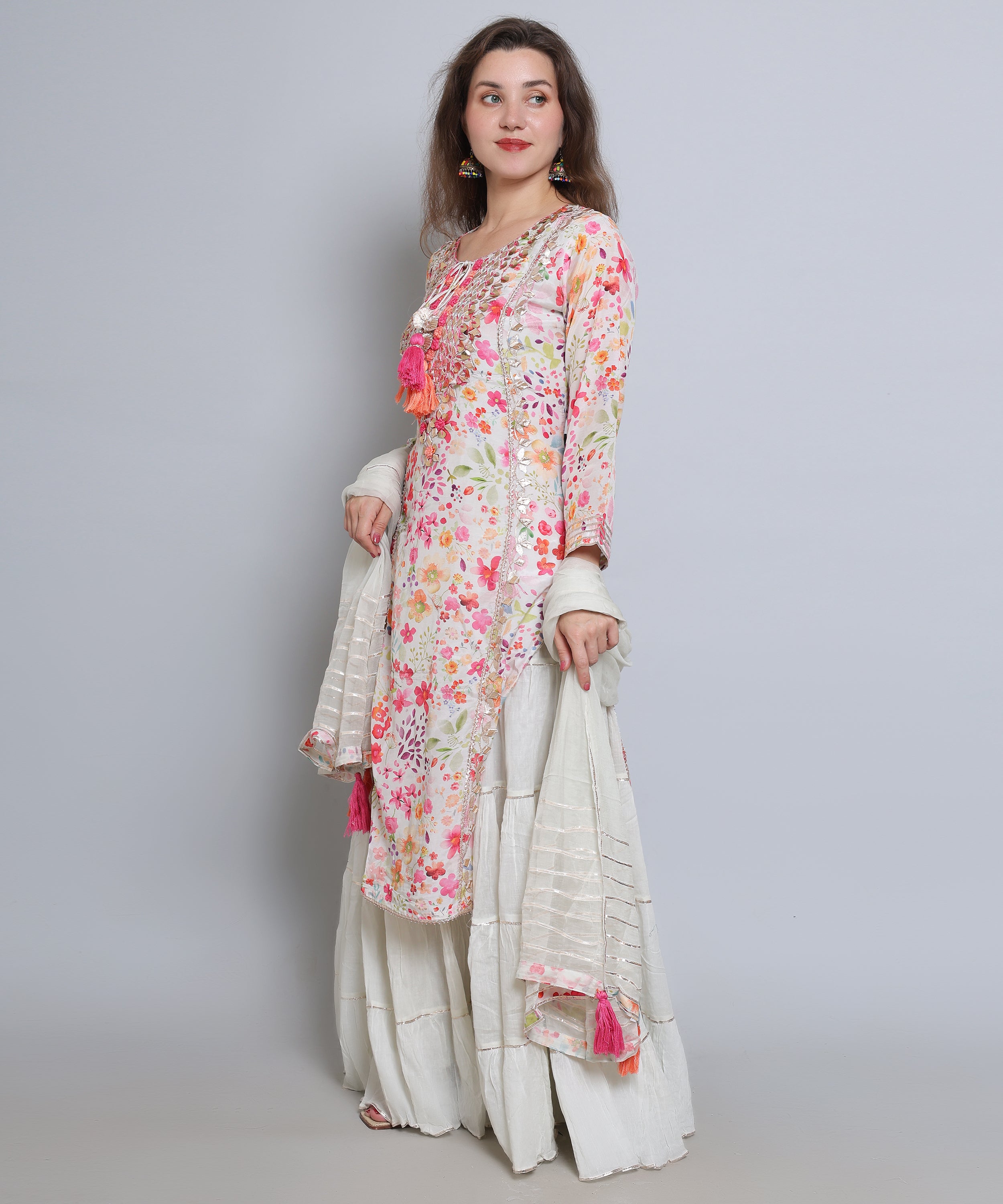 Off White Floral Sharara Suit in Muslin Mulmul fabric with French knots and GottaPati