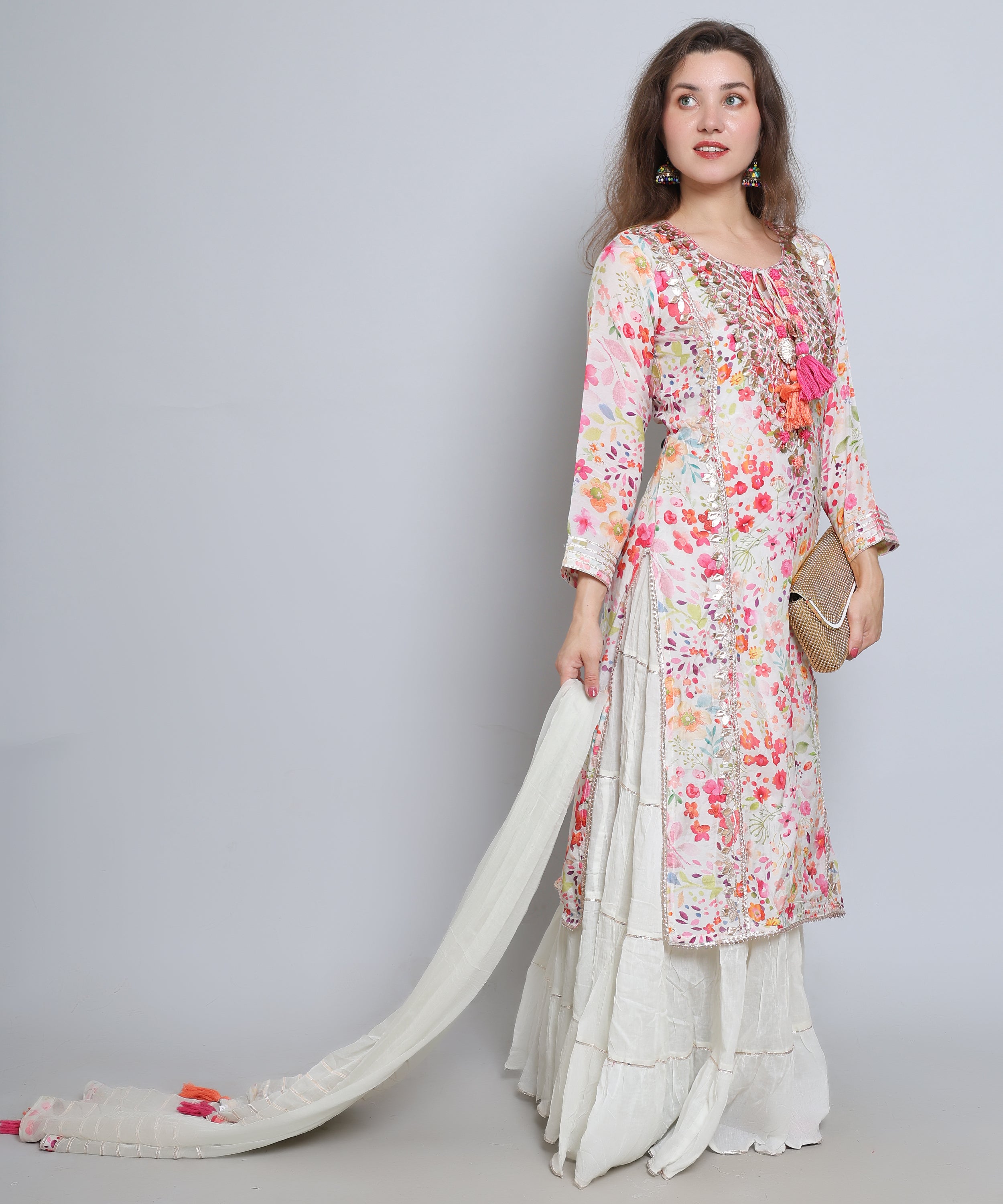 Off White Floral Sharara Suit in Muslin Mulmul fabric with French knots and GottaPati