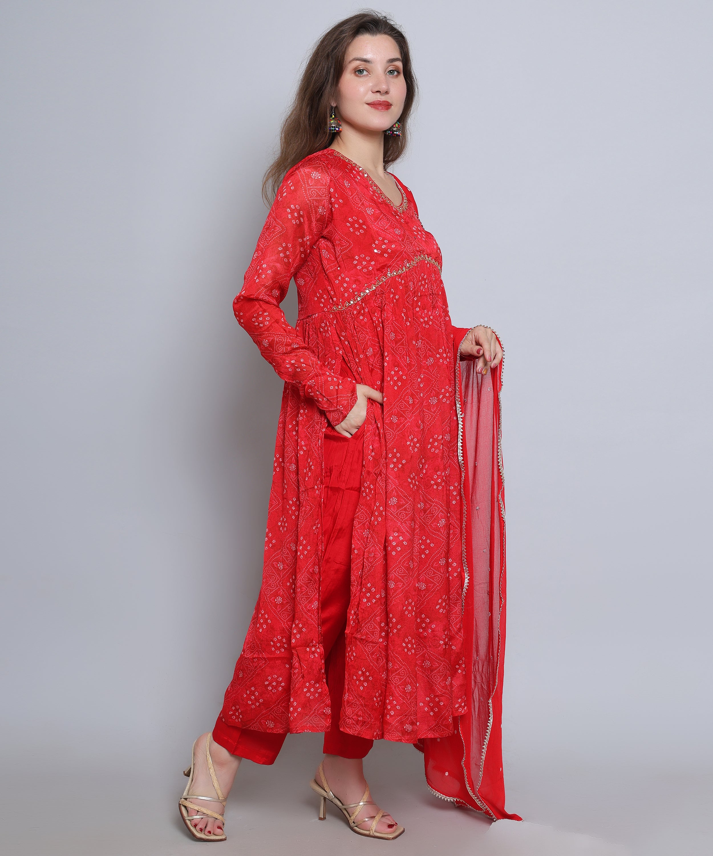 RED Alia Cut suit with Pants in CHINON FABRIC with HANDWORK.