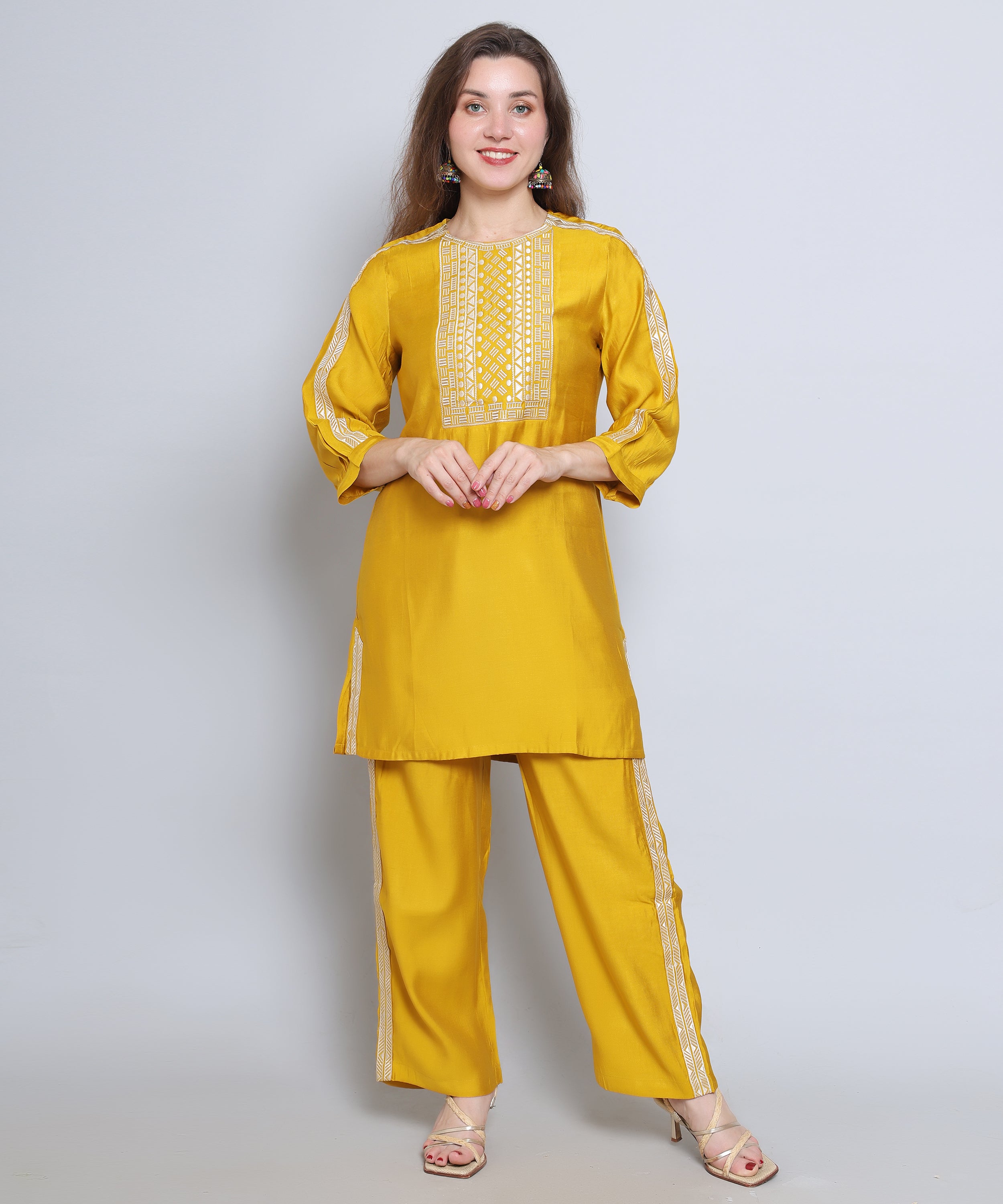 Yellow co ord set with Embroidery in Rayon Cotton 