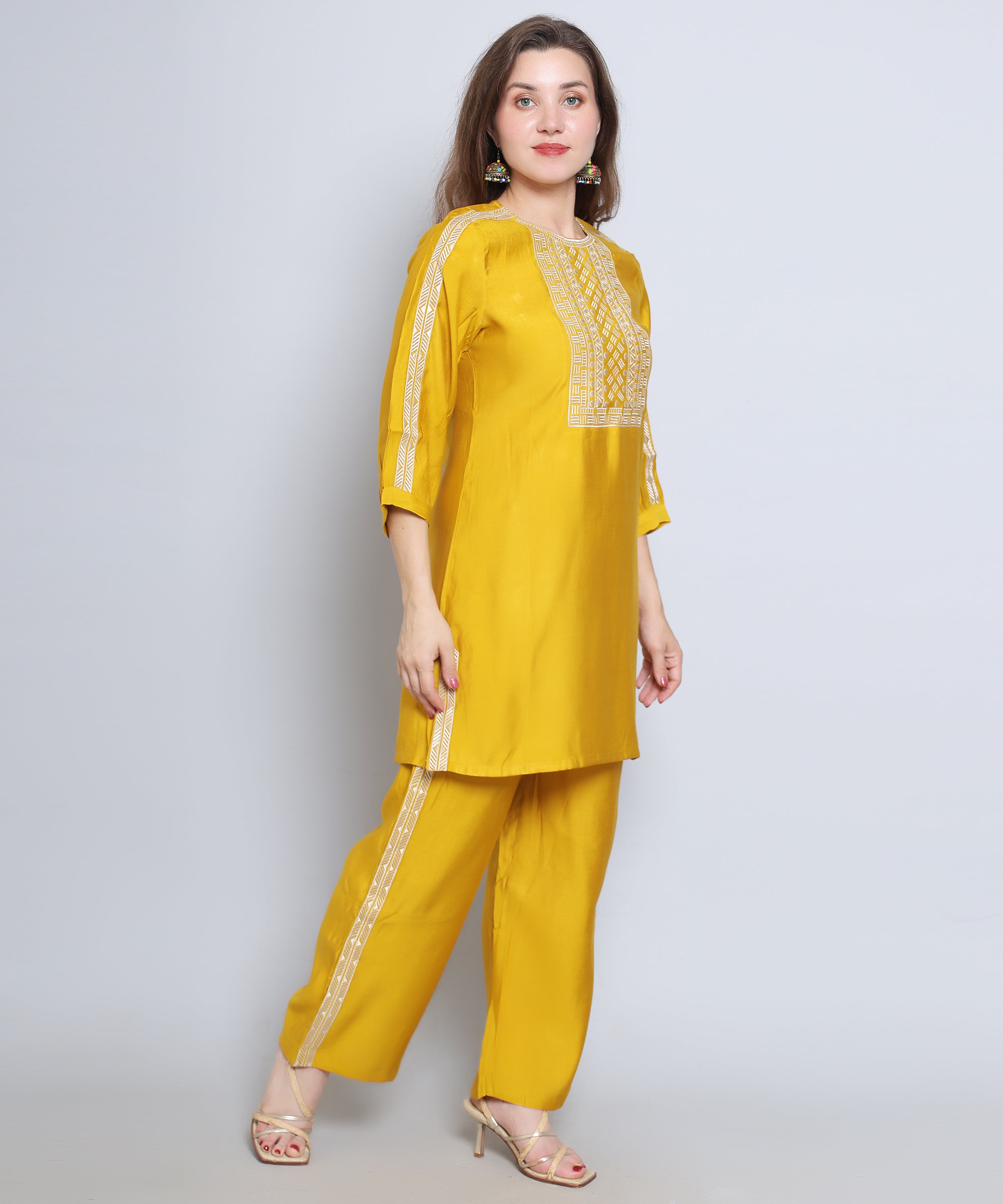 Yellow co ord set with Embroidery in Rayon Cotton 