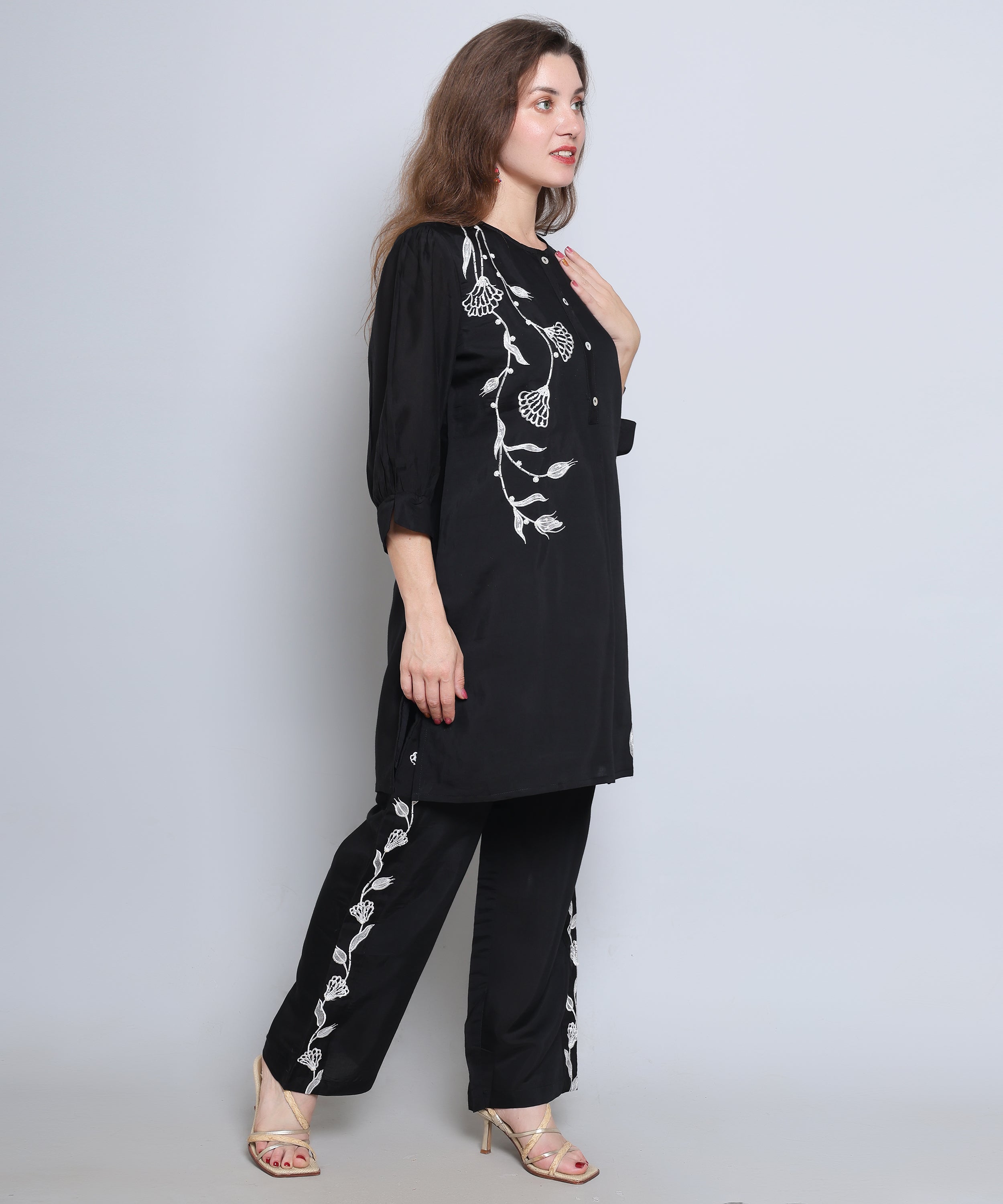 Black Co ord set with Embroidery in Cotton Silk Fabric