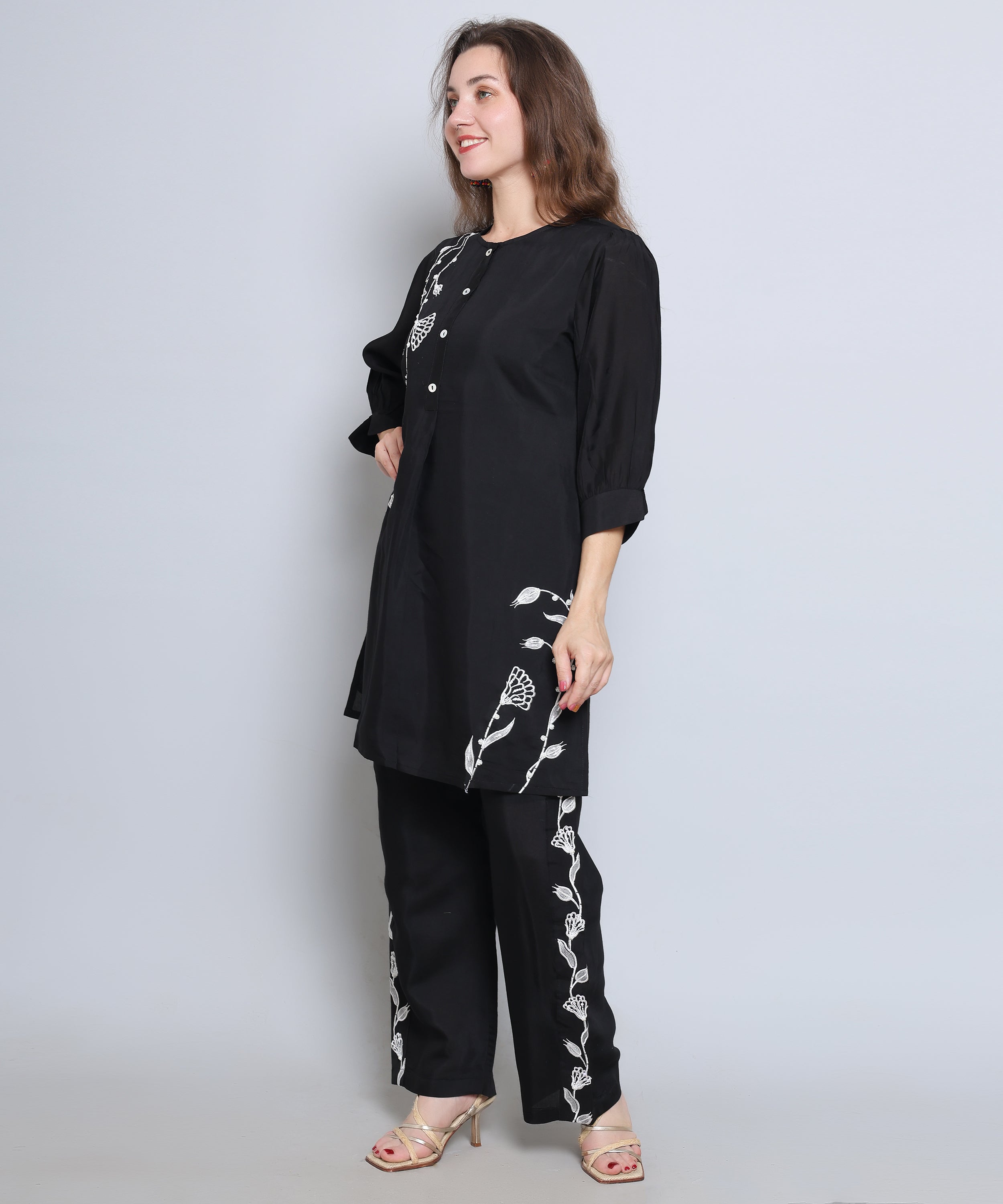 Black Co ord set with Embroidery in Cotton Silk Fabric