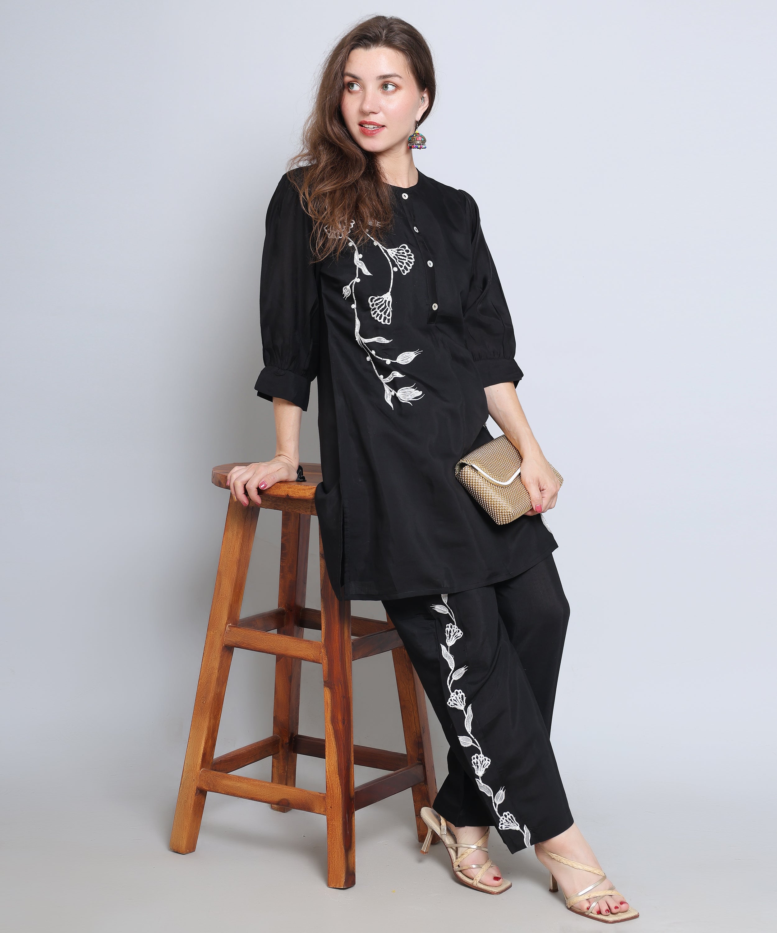 Black Co ord set with Embroidery in Cotton Silk Fabric