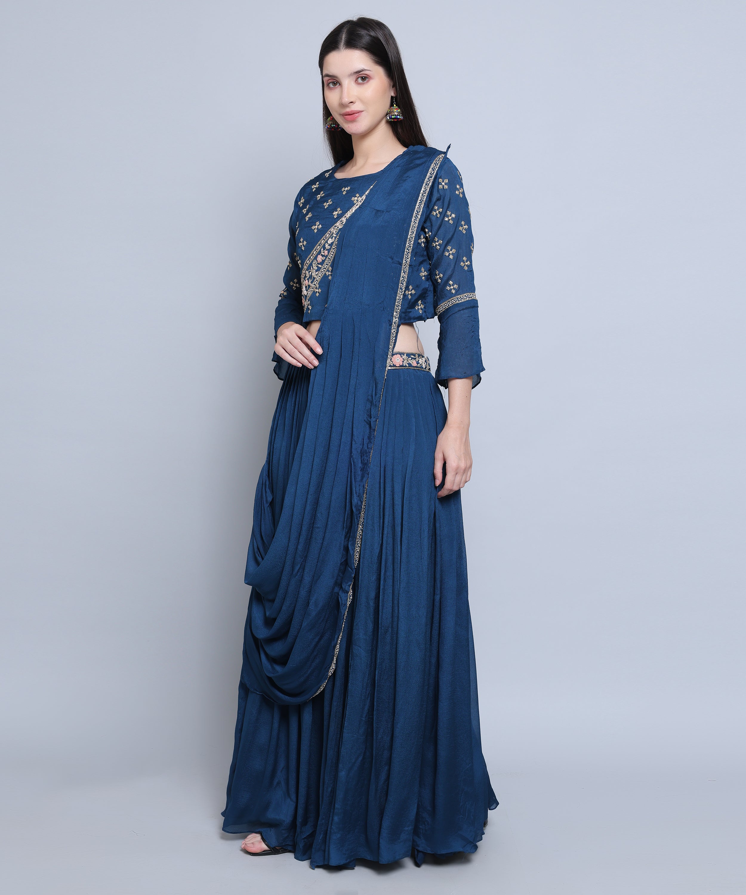 Blue Drape set with Skirt in Chinon Fabric with Hand Embroidery