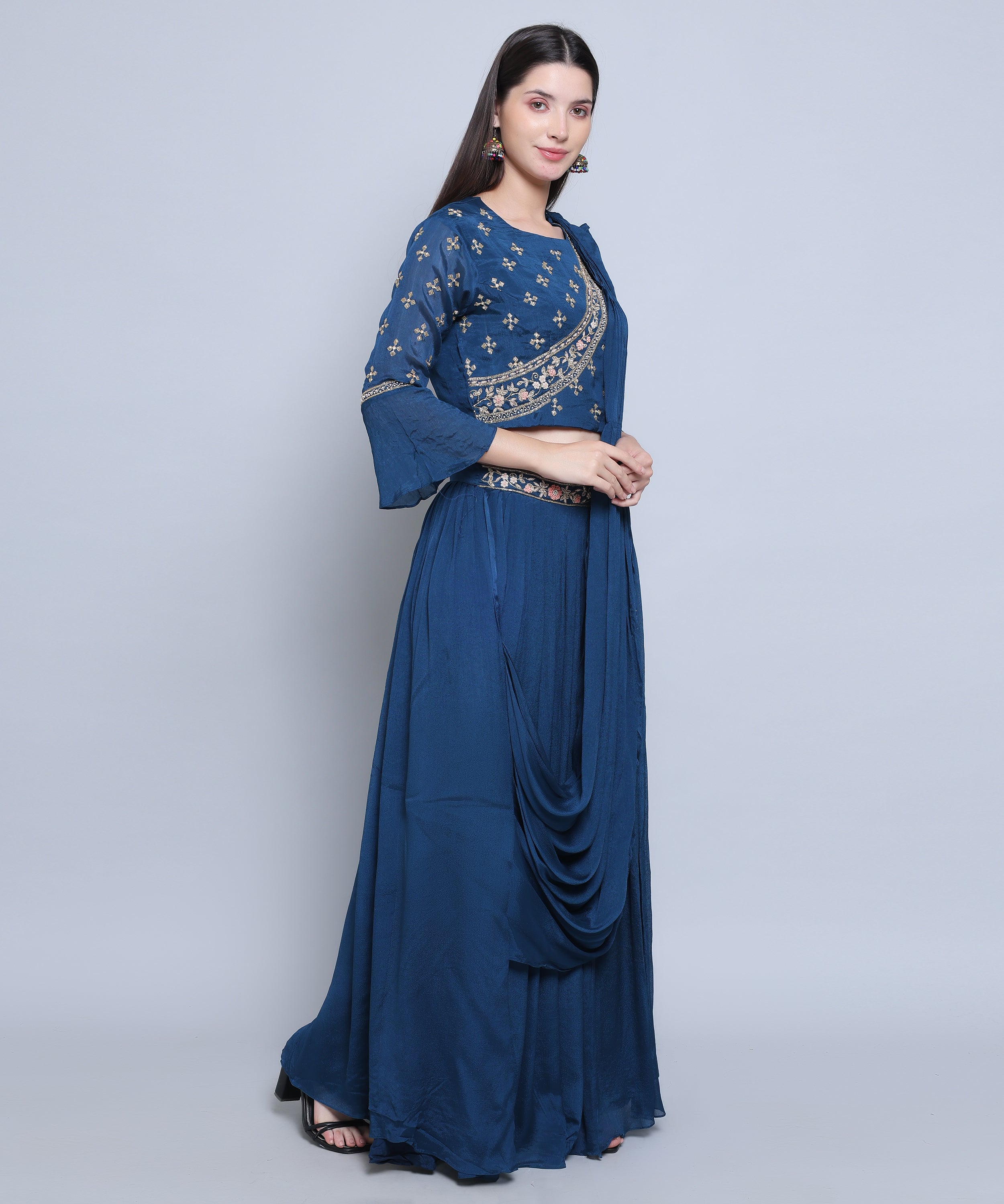 Blue Drape set with Skirt in Chinon Fabric with Hand Embroidery