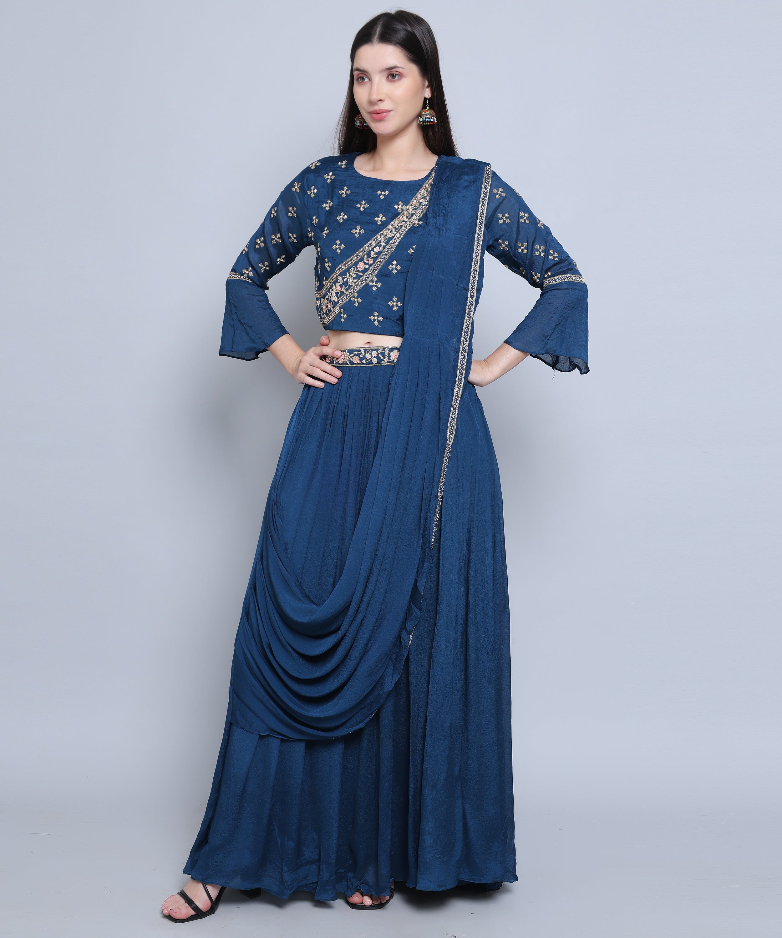 Blue Drape set with Skirt in Chinon Fabric with Hand Embroidery