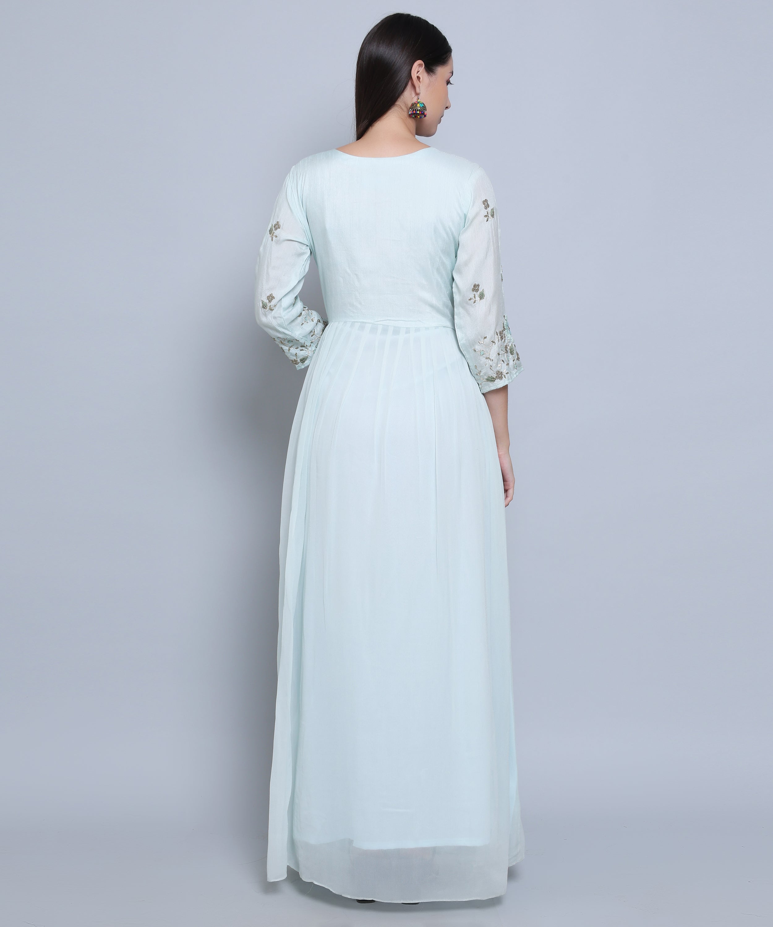 Light Blue Drape set with Skirt in Chinon Fabric with Hand Embroidery  