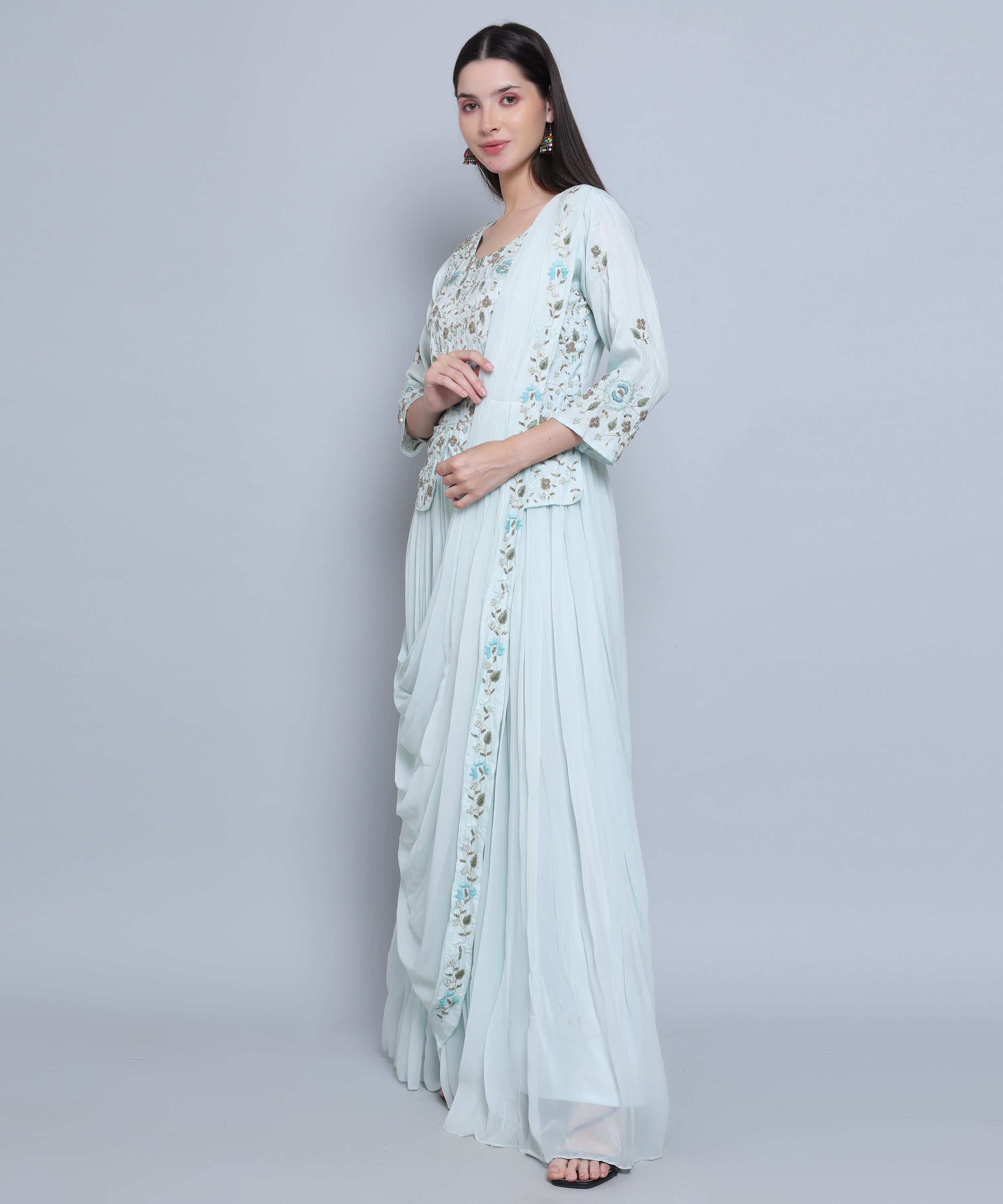 Light Blue Drape set with Skirt in Chinon Fabric with Hand Embroidery  