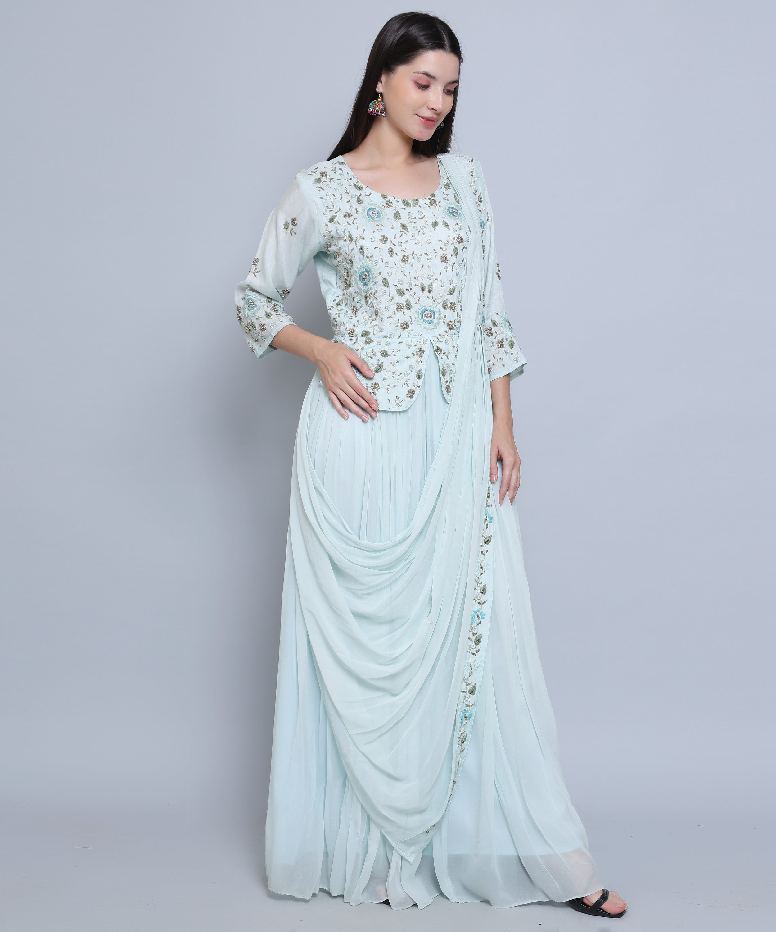 Light Blue Drape set with Skirt in Chinon Fabric with Hand Embroidery  