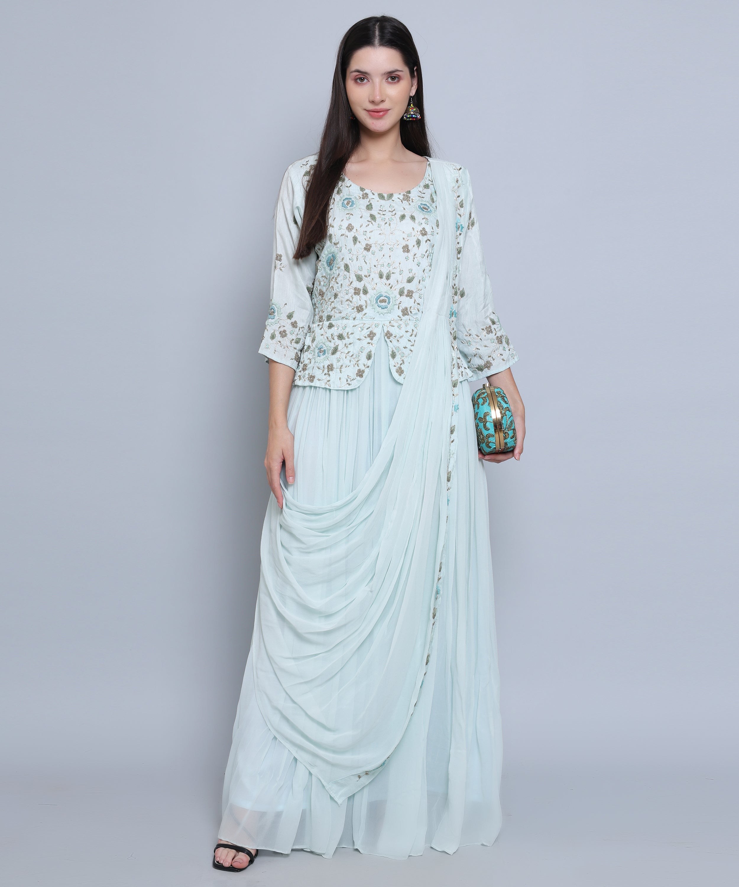 Light Blue Drape set with Skirt in Chinon Fabric with Hand Embroidery  