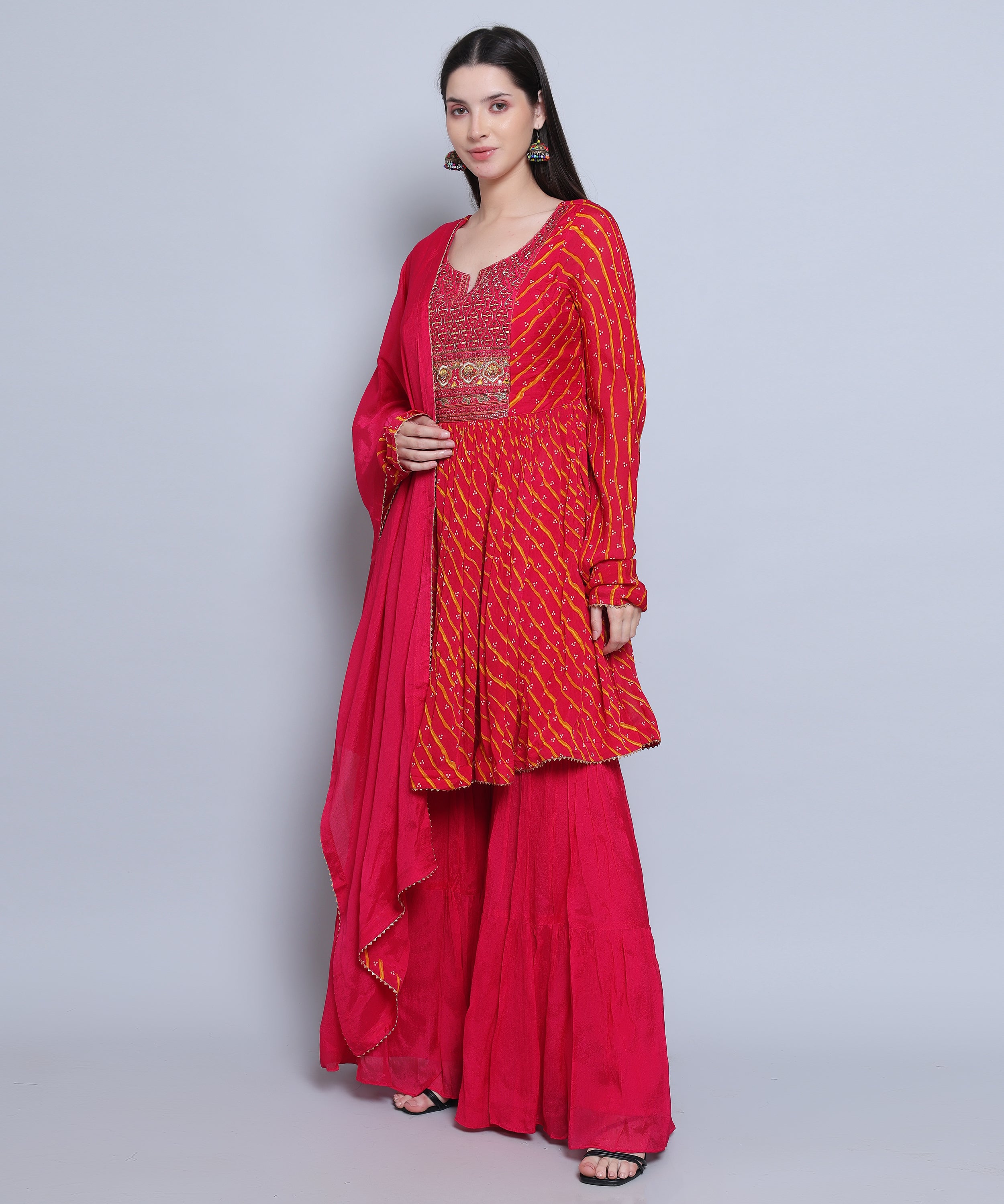 Fushia Pink Suit with Sharara in Chinon Fabric with Embroidery  