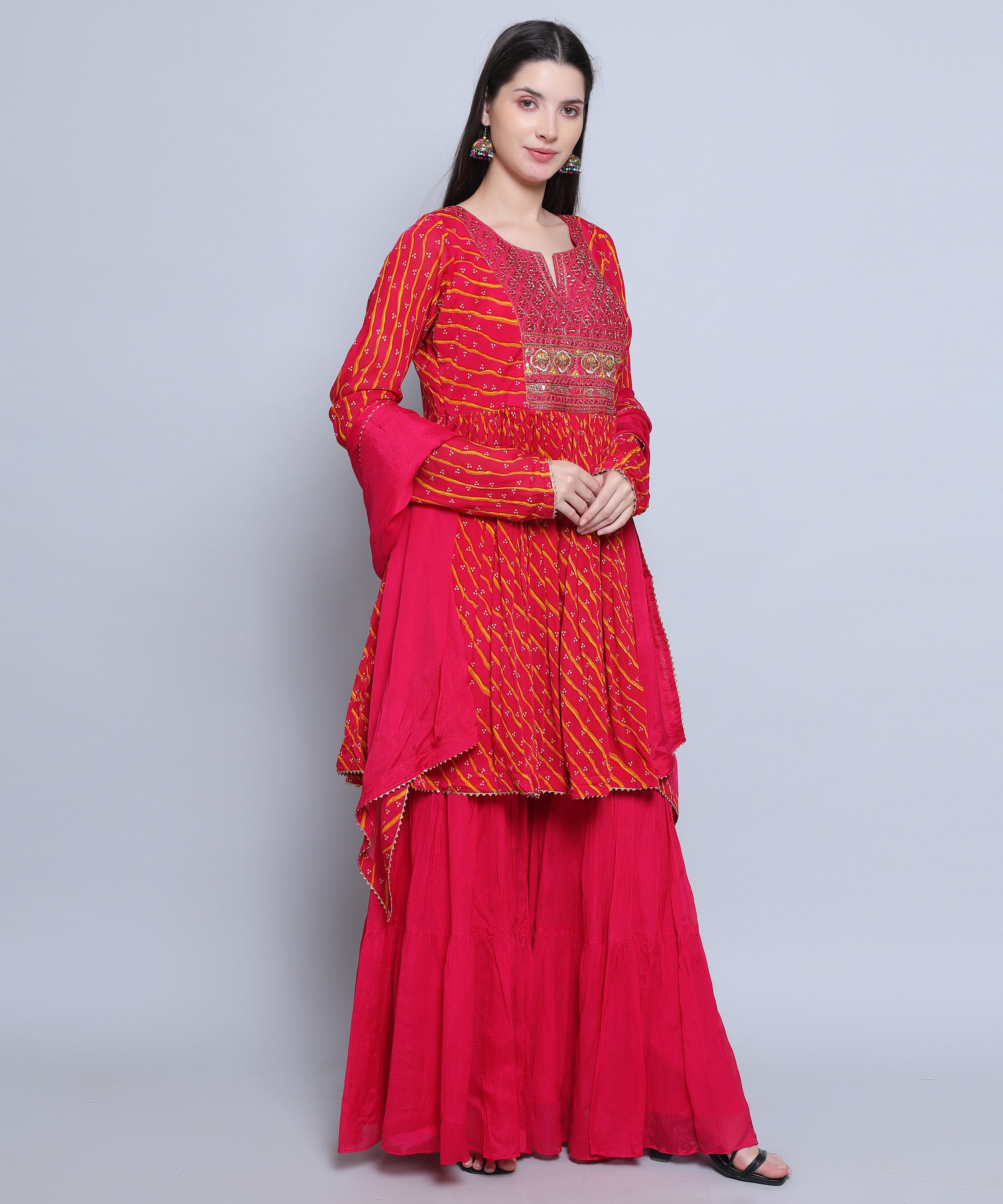 Fushia Pink Suit with Sharara in Chinon Fabric with Embroidery  