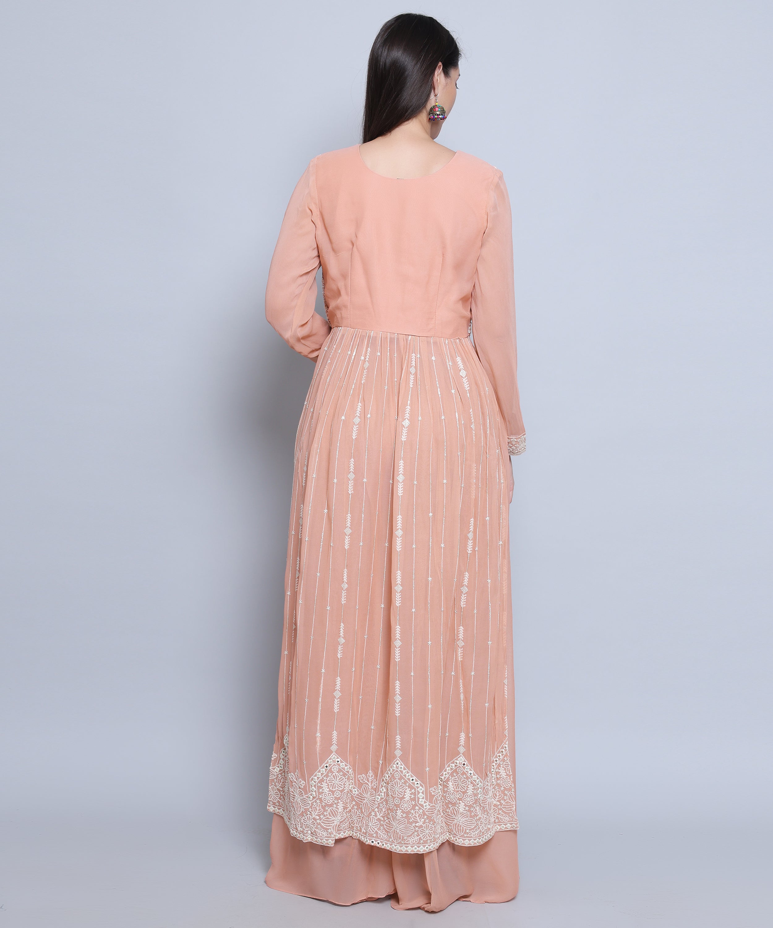 Peach Suit with Palazzo in Pure Georgette with Hand Embroidery