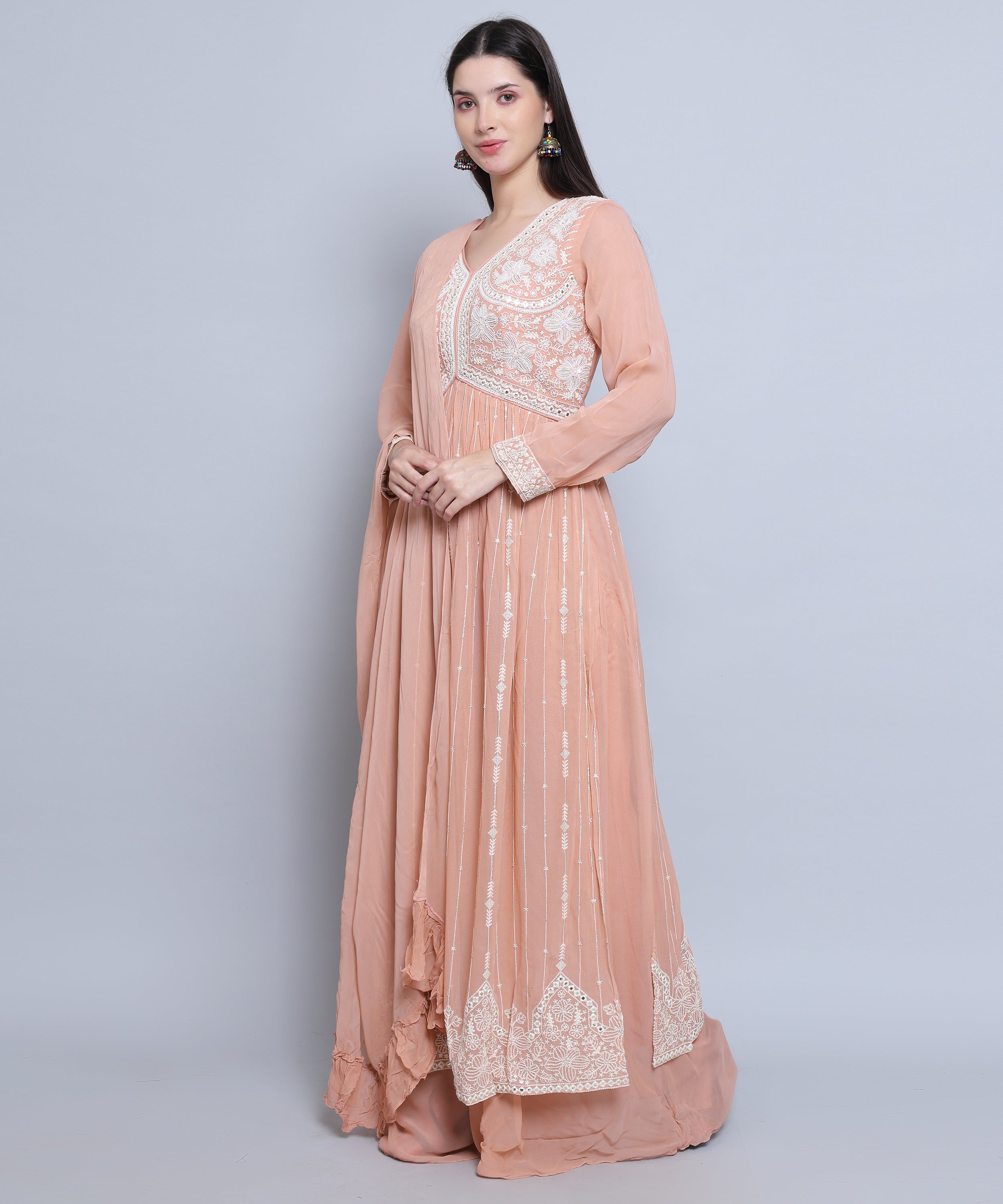 Peach Suit with Palazzo in Pure Georgette with Hand Embroidery