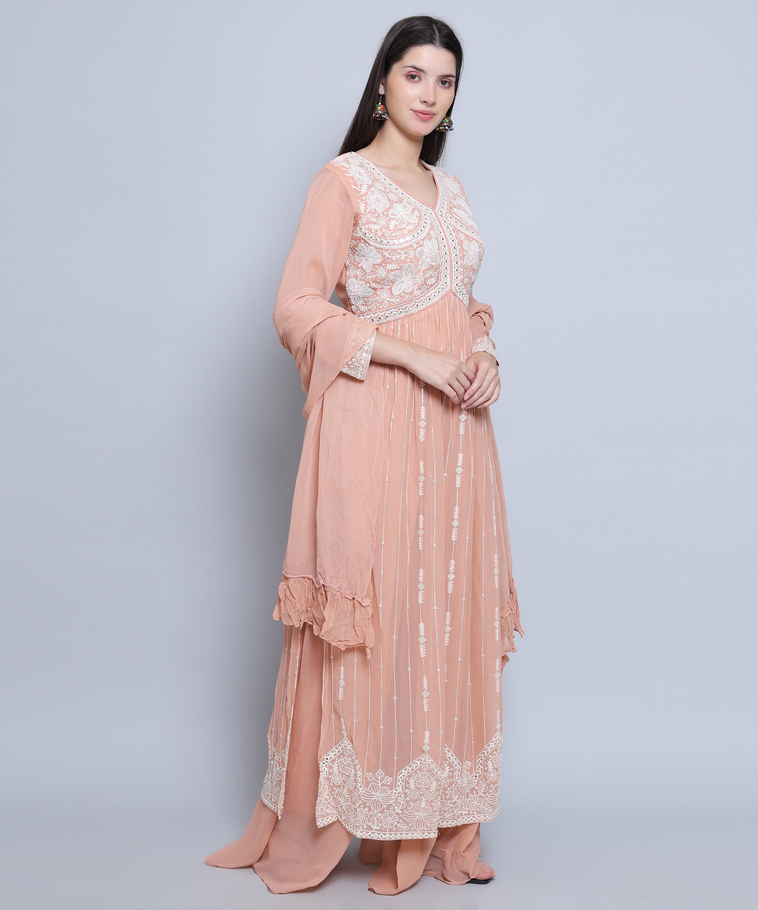 Peach Suit with Palazzo in Pure Georgette with Hand Embroidery