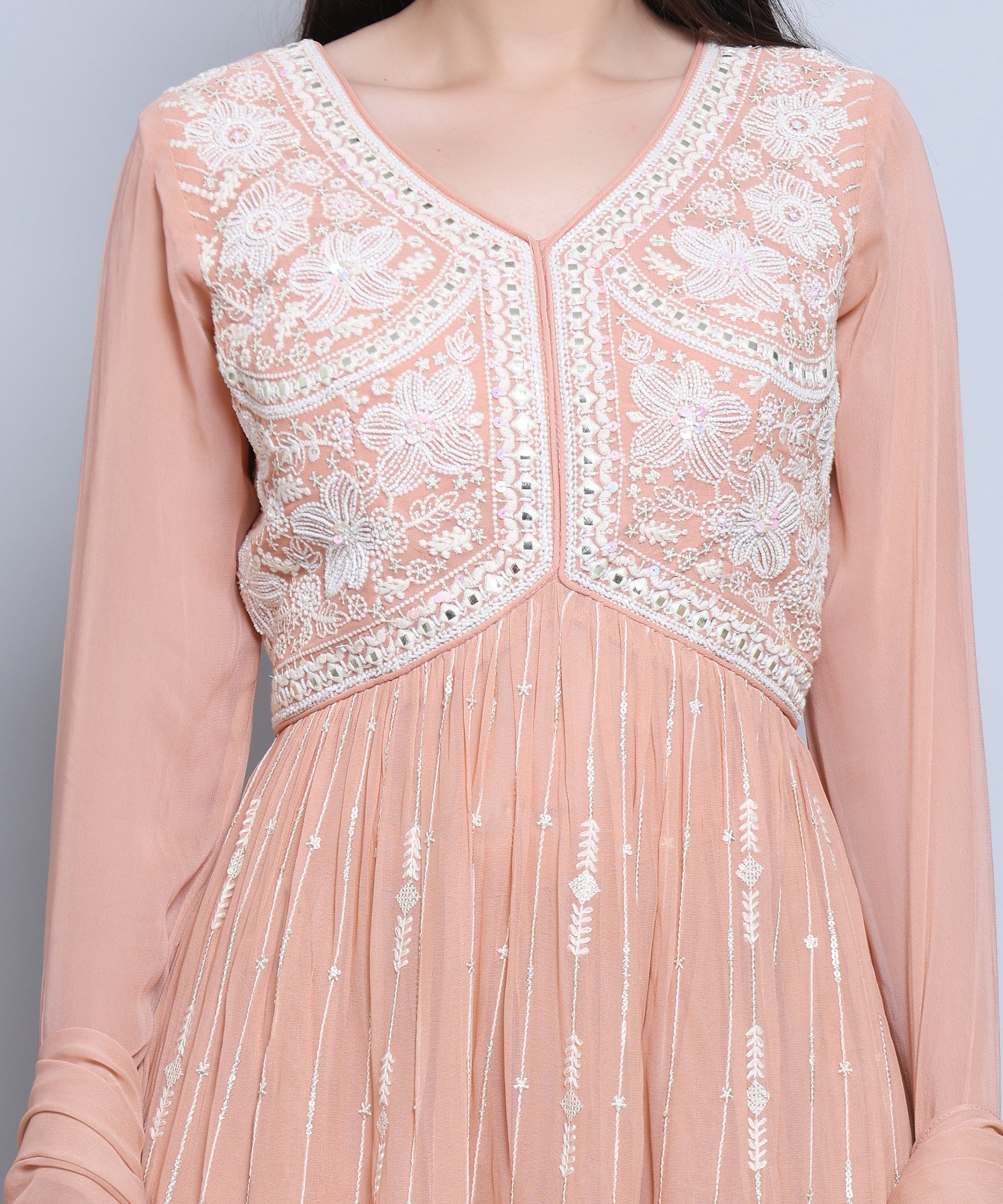 Peach Suit with Palazzo in Pure Georgette with Hand Embroidery