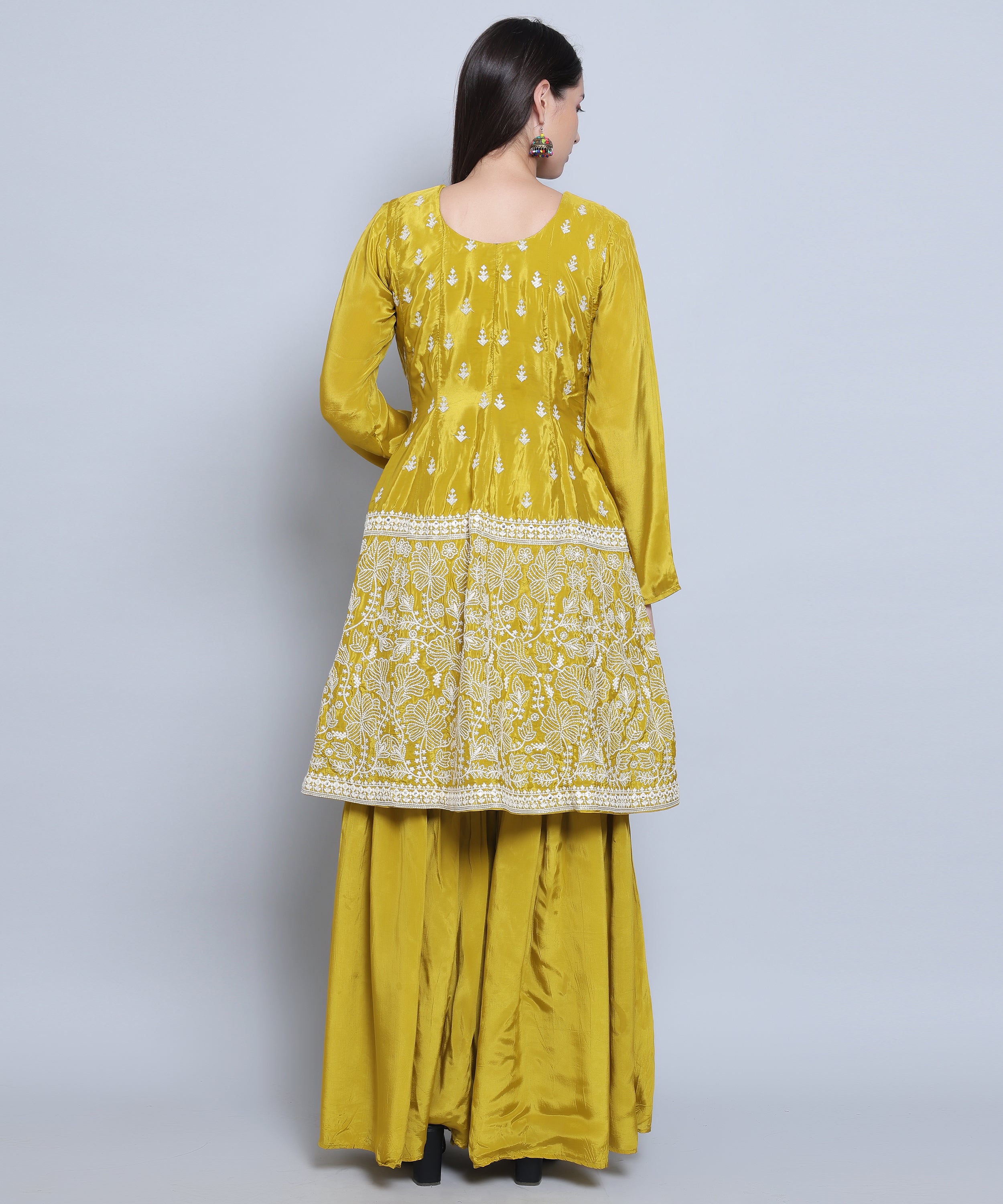 Lime Kalidar Suit with Sharara in Crepe Fabric with Hand Embroidery.