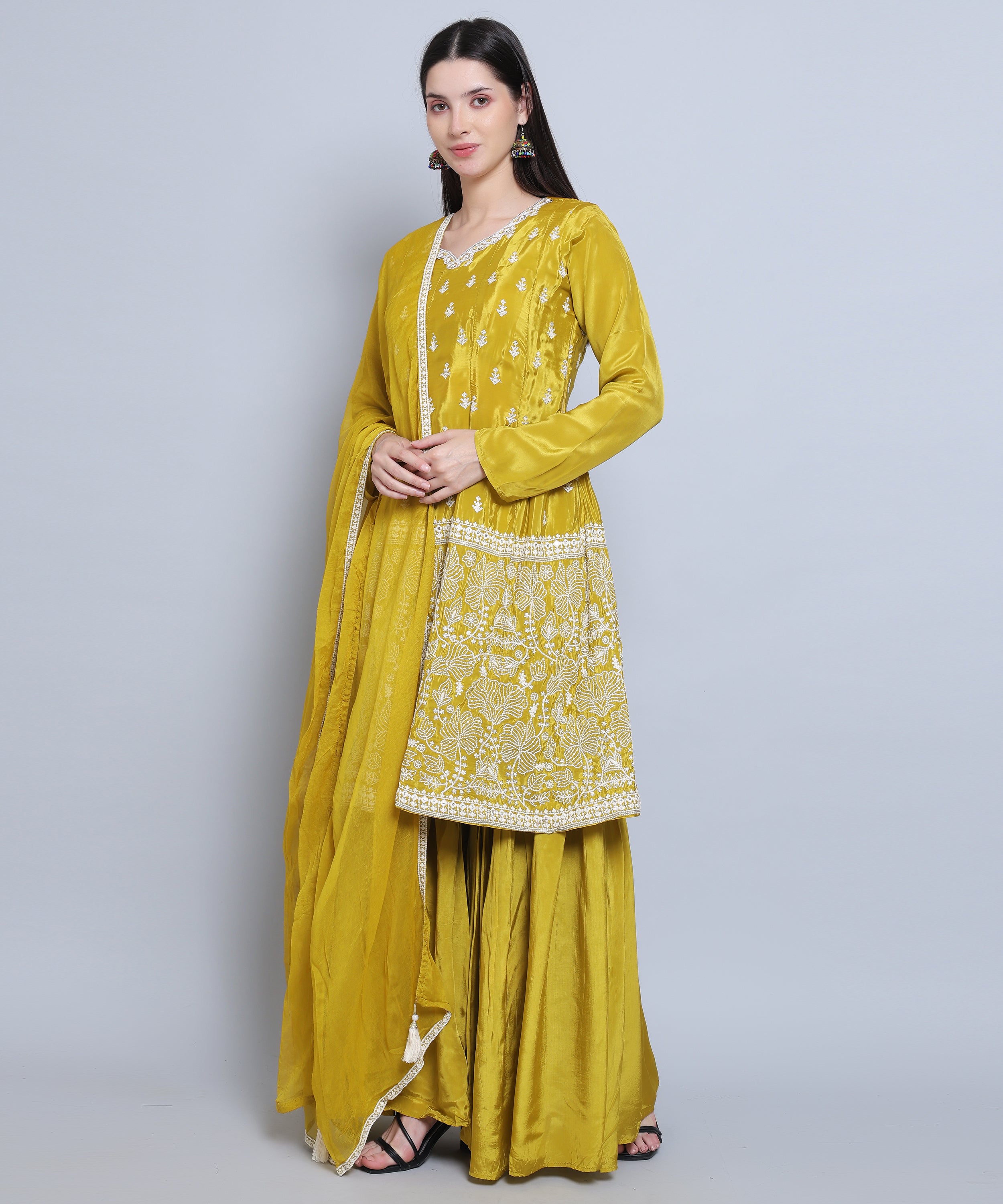 Lime Kalidar Suit with Sharara in Crepe Fabric with Hand Embroidery.