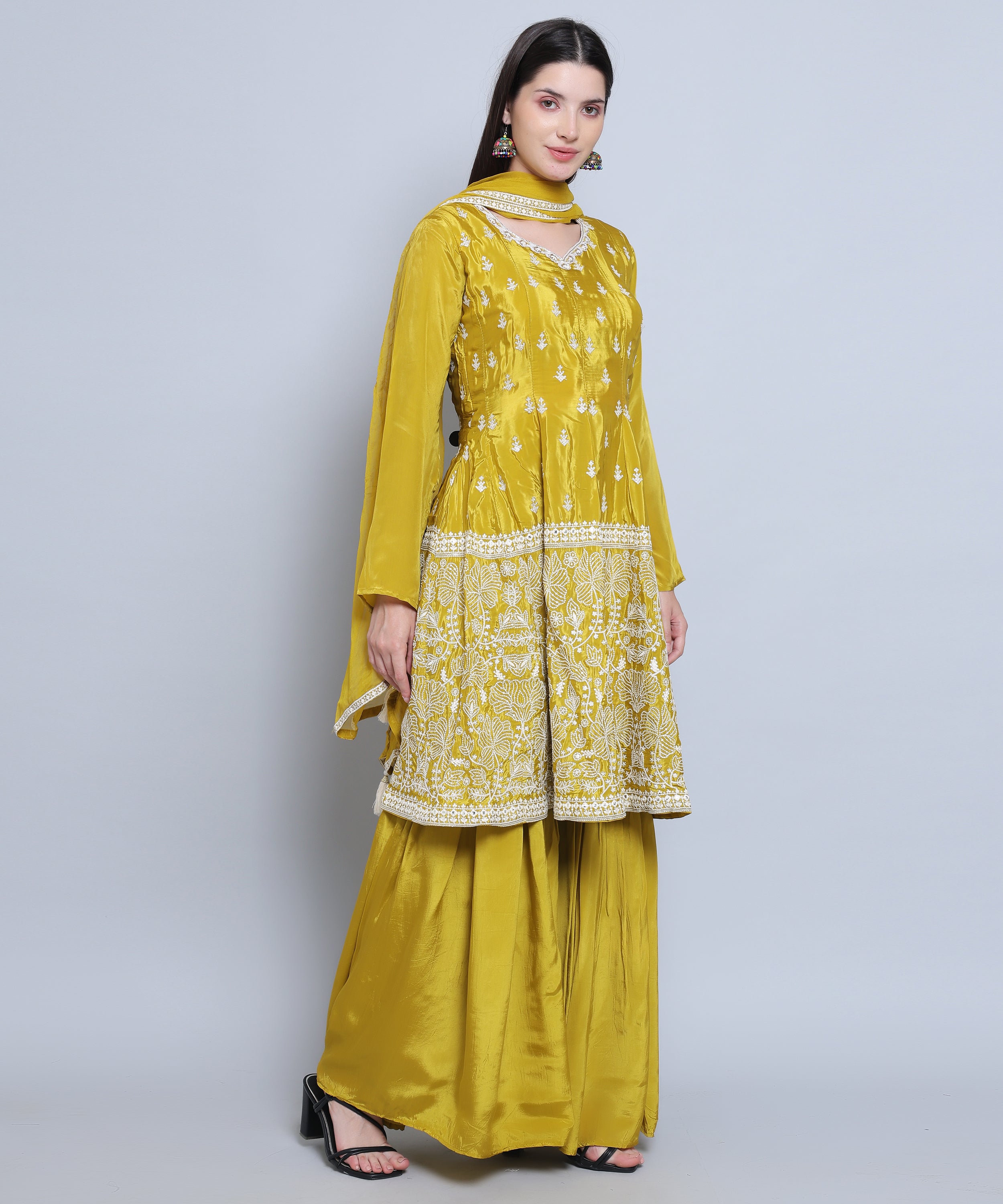 Lime Kalidar Suit with Sharara in Crepe Fabric with Hand Embroidery.