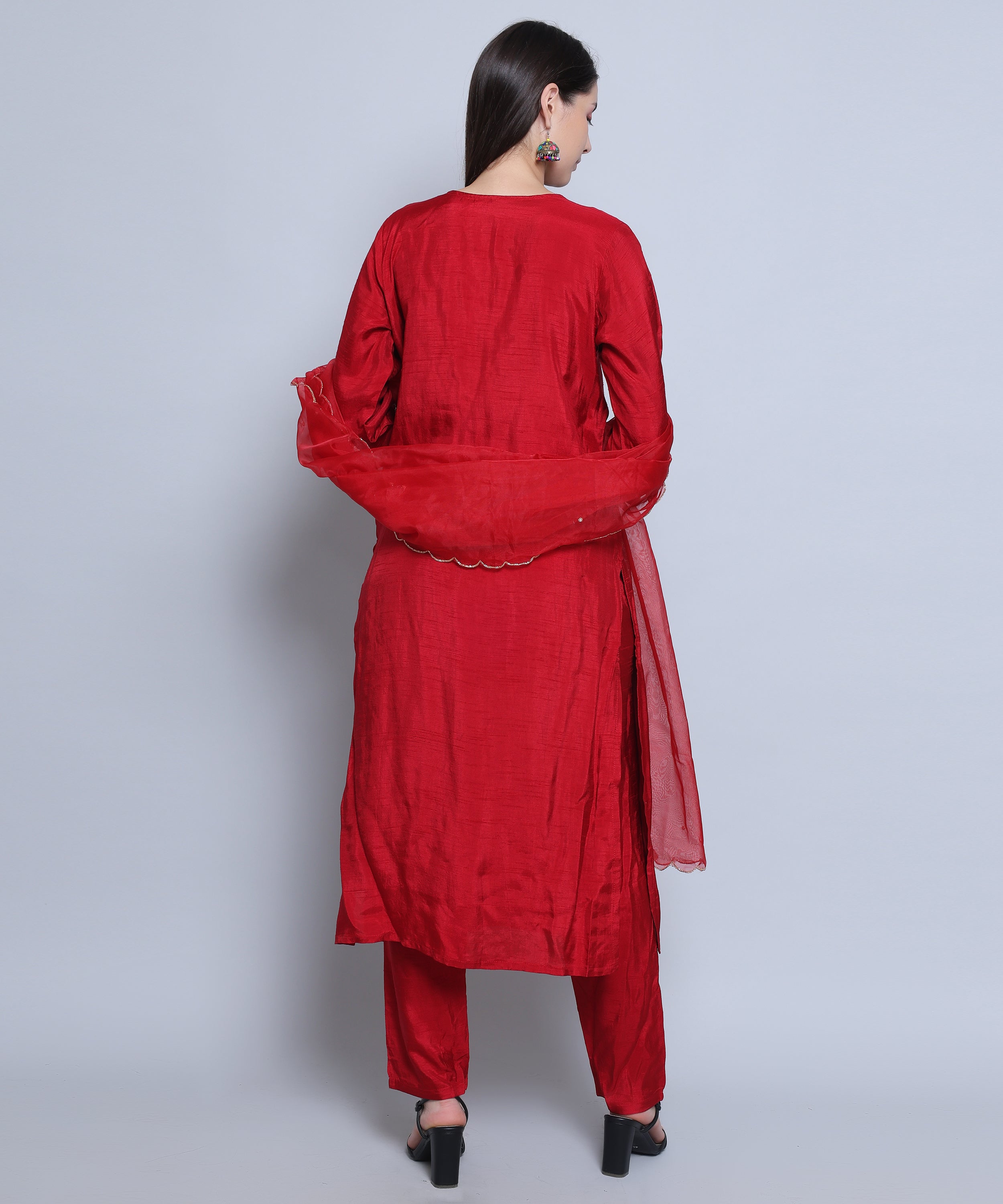 Red Suit with Pants in Dola Silk with Hand Embroidery. 