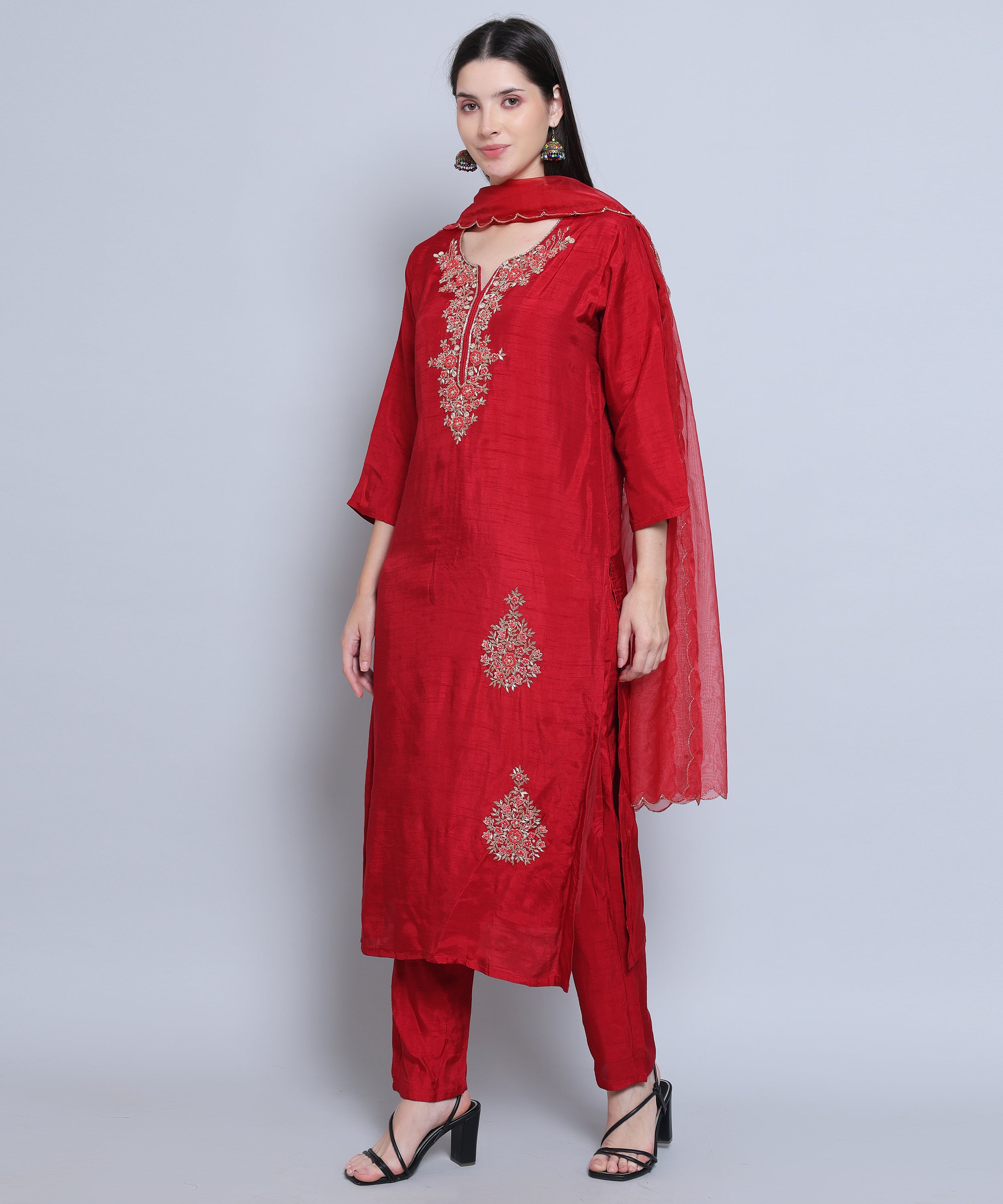 Red Suit with Pants in Dola Silk with Hand Embroidery. 