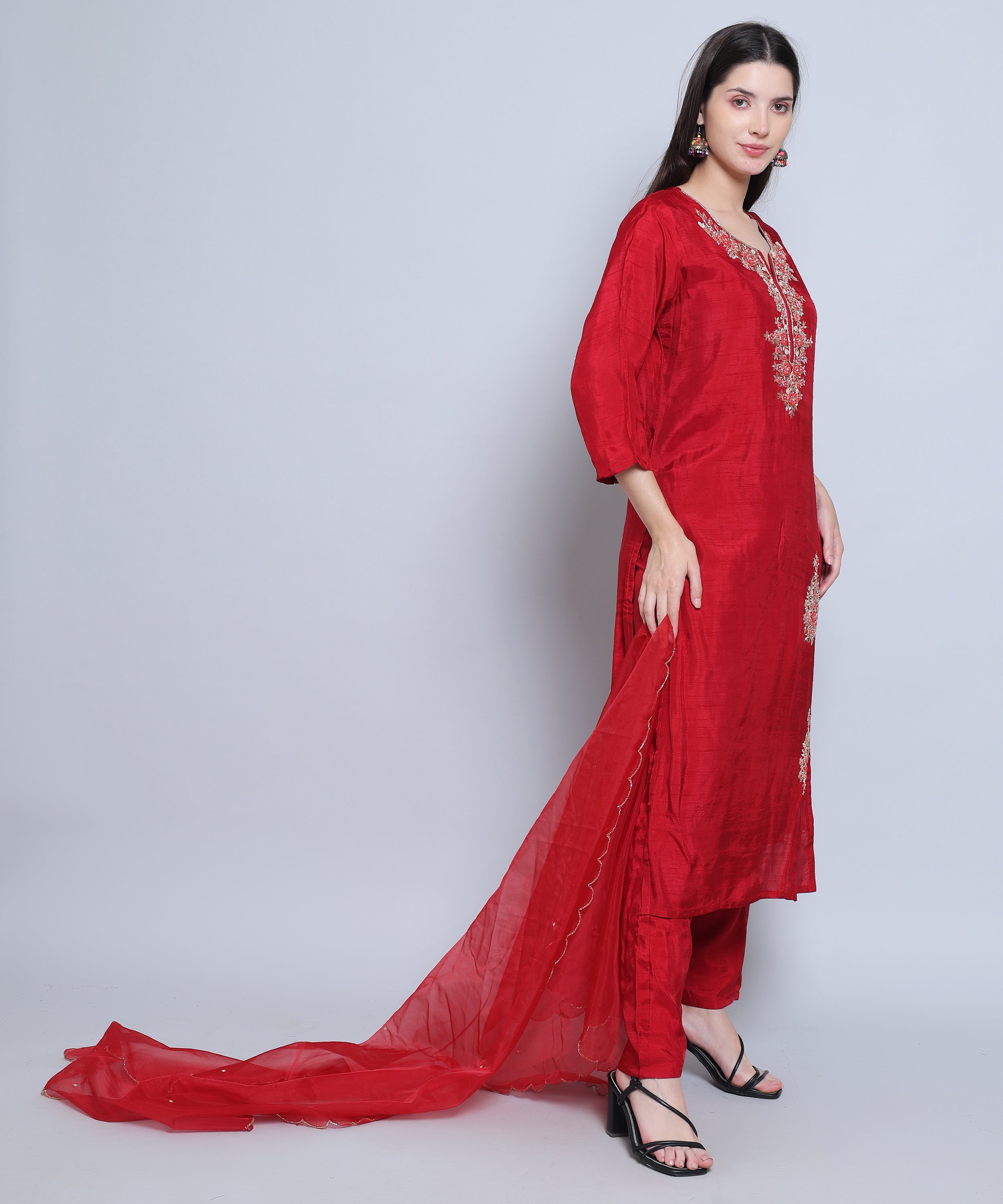 Red Suit with Pants in Dola Silk with Hand Embroidery. 