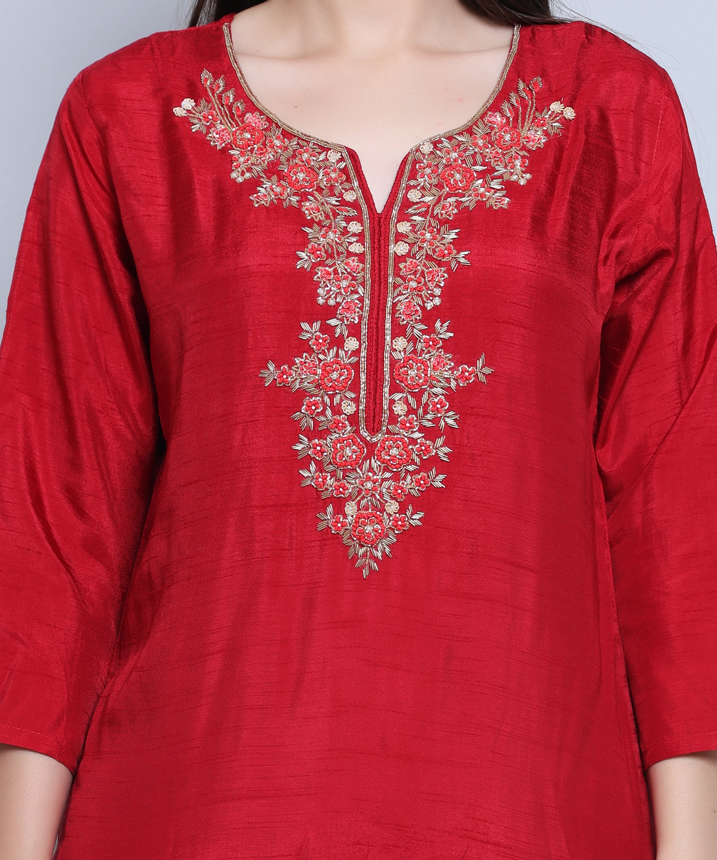 Red Suit with Pants in Dola Silk with Hand Embroidery. 