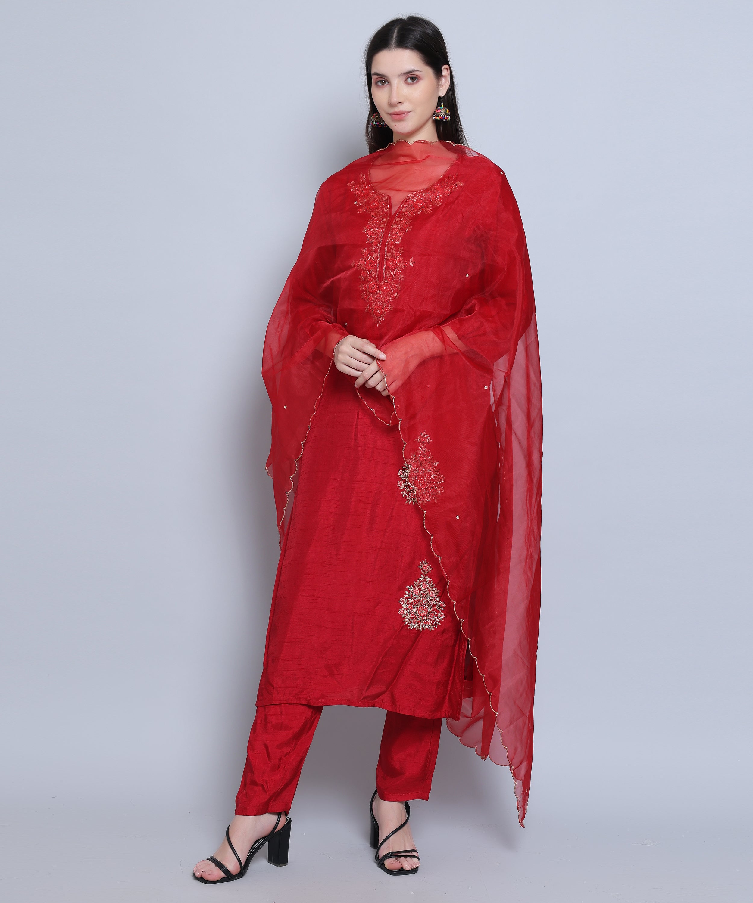 Red Suit with Pants in Dola Silk with Hand Embroidery. 