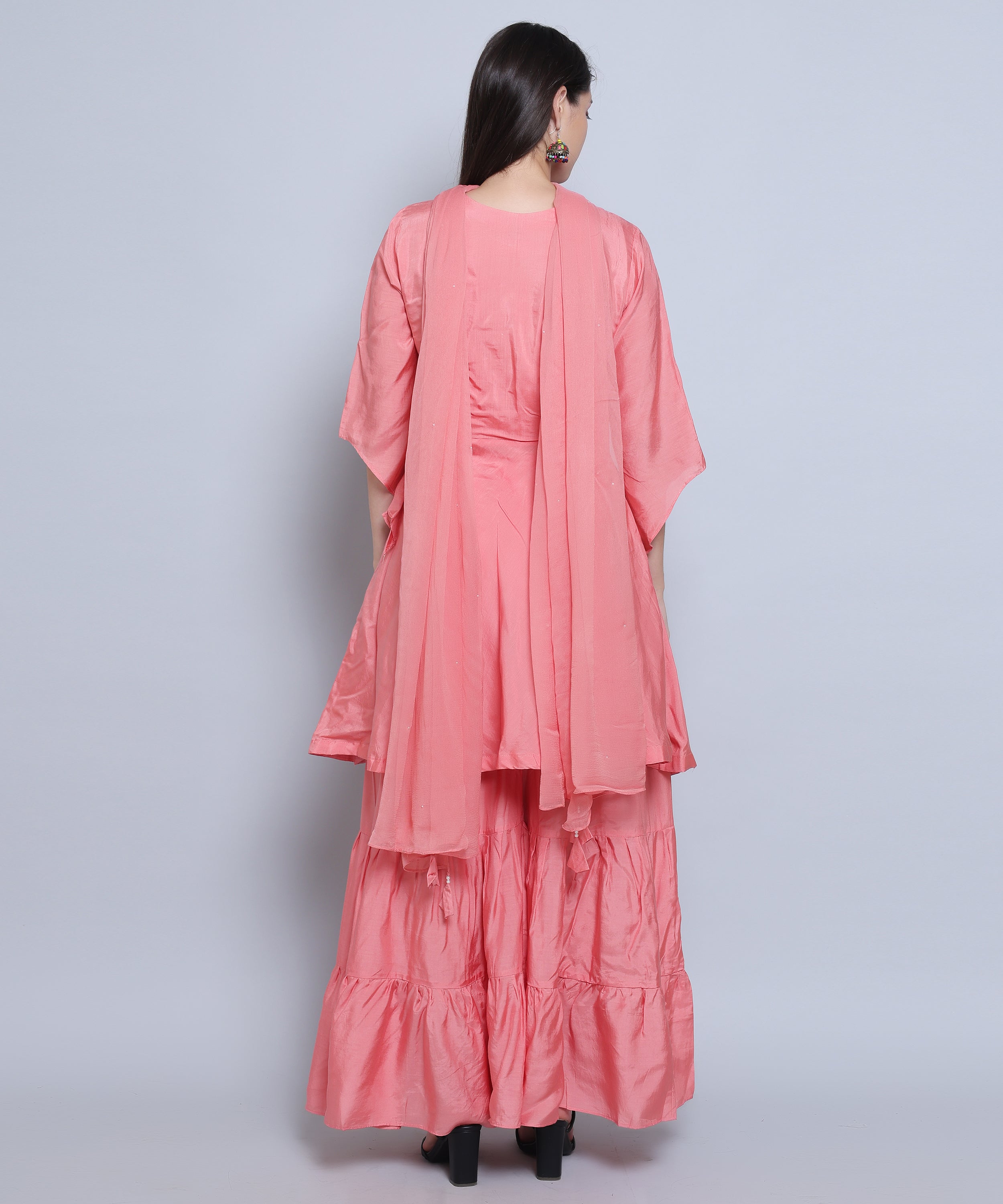 Pink Suit with Sharara in Muslin Silk with Hand Embroidery. 